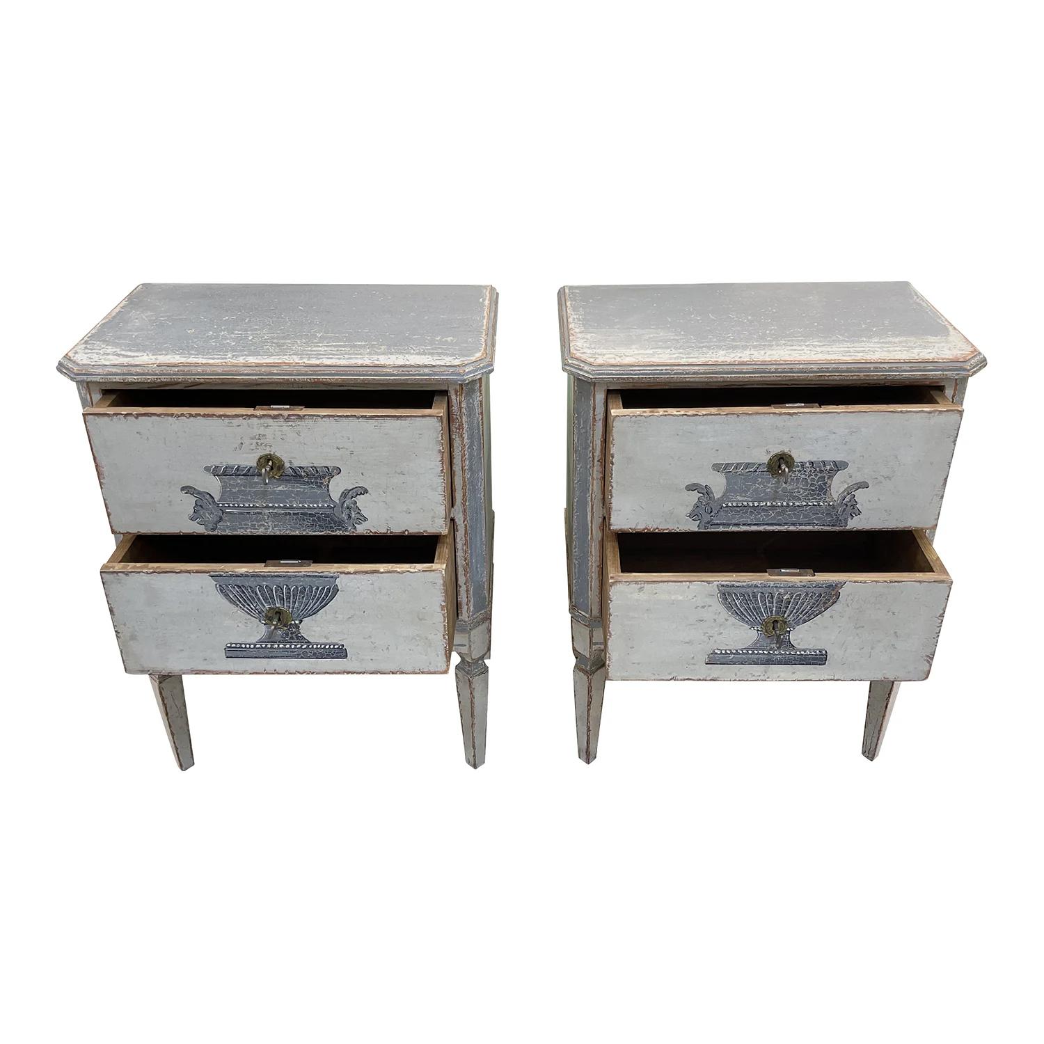 Metal 19th Century Blue-White Swedish Gustavian Antique Pinewood Nightstands For Sale