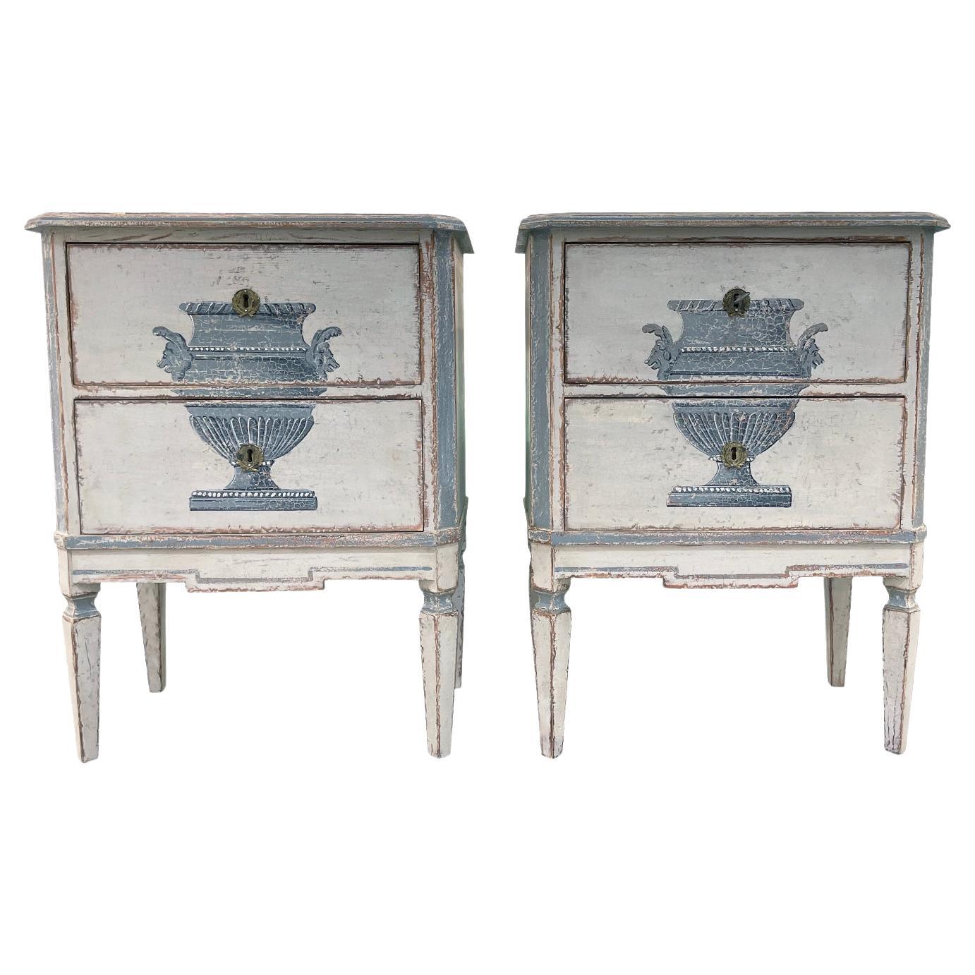 19th Century Blue-White Swedish Gustavian Antique Pinewood Nightstands For Sale