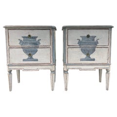 Tables de nuit en pin antique suédois gustavien bleu-blanc du 19e siècle