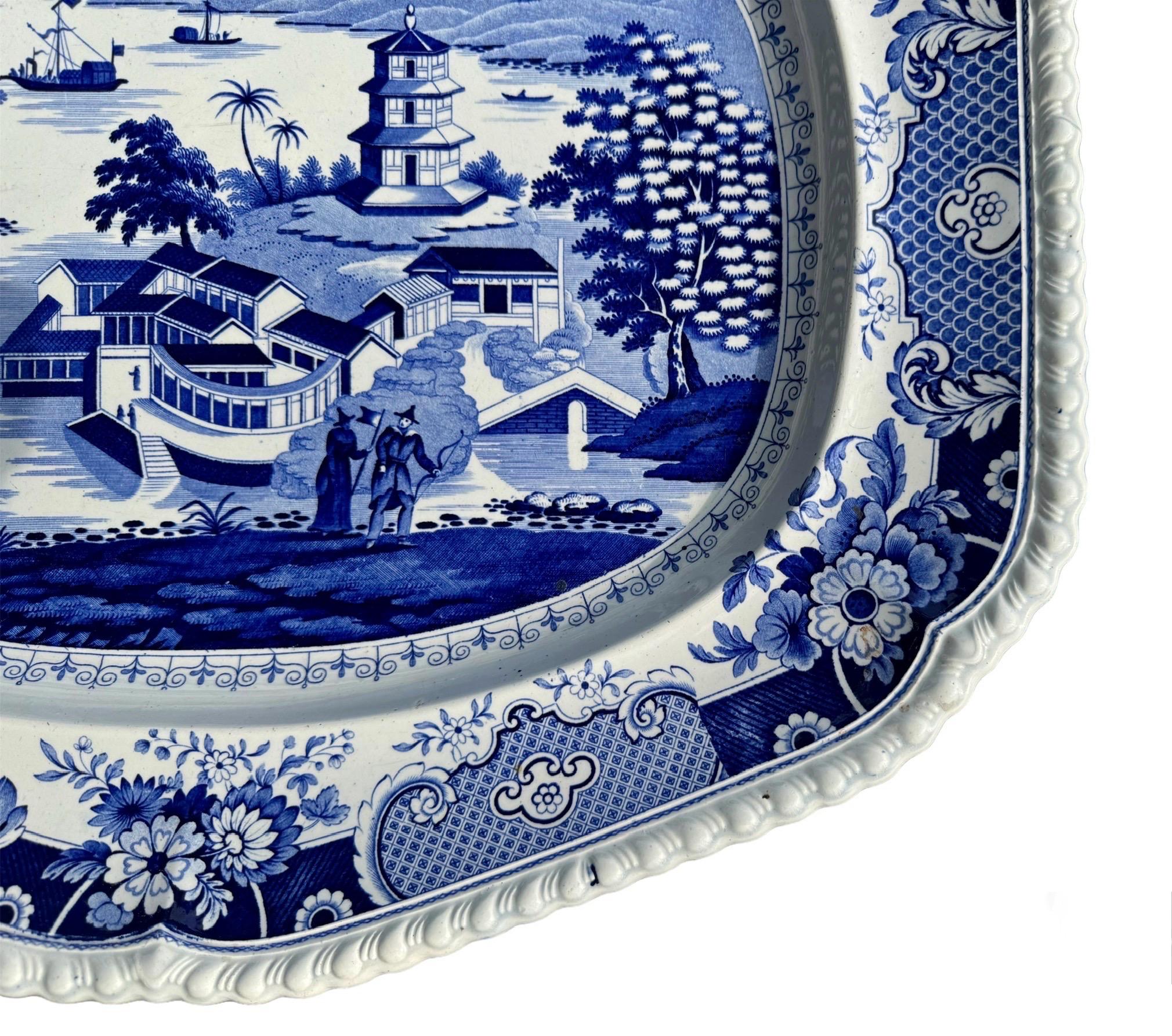 19th Century Blue and White Transferware Platter “India Temple” pattern ...