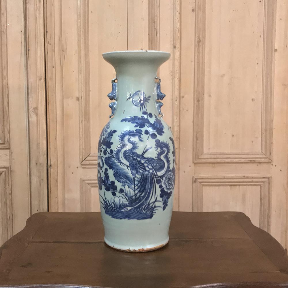 19th century blue & white vase features the vivid blues so desirable with the makers of such goods since the 15th century. The blues were derived from cobalt oxide, which interestingly was imported all the way from Persia (today's Iran) across the