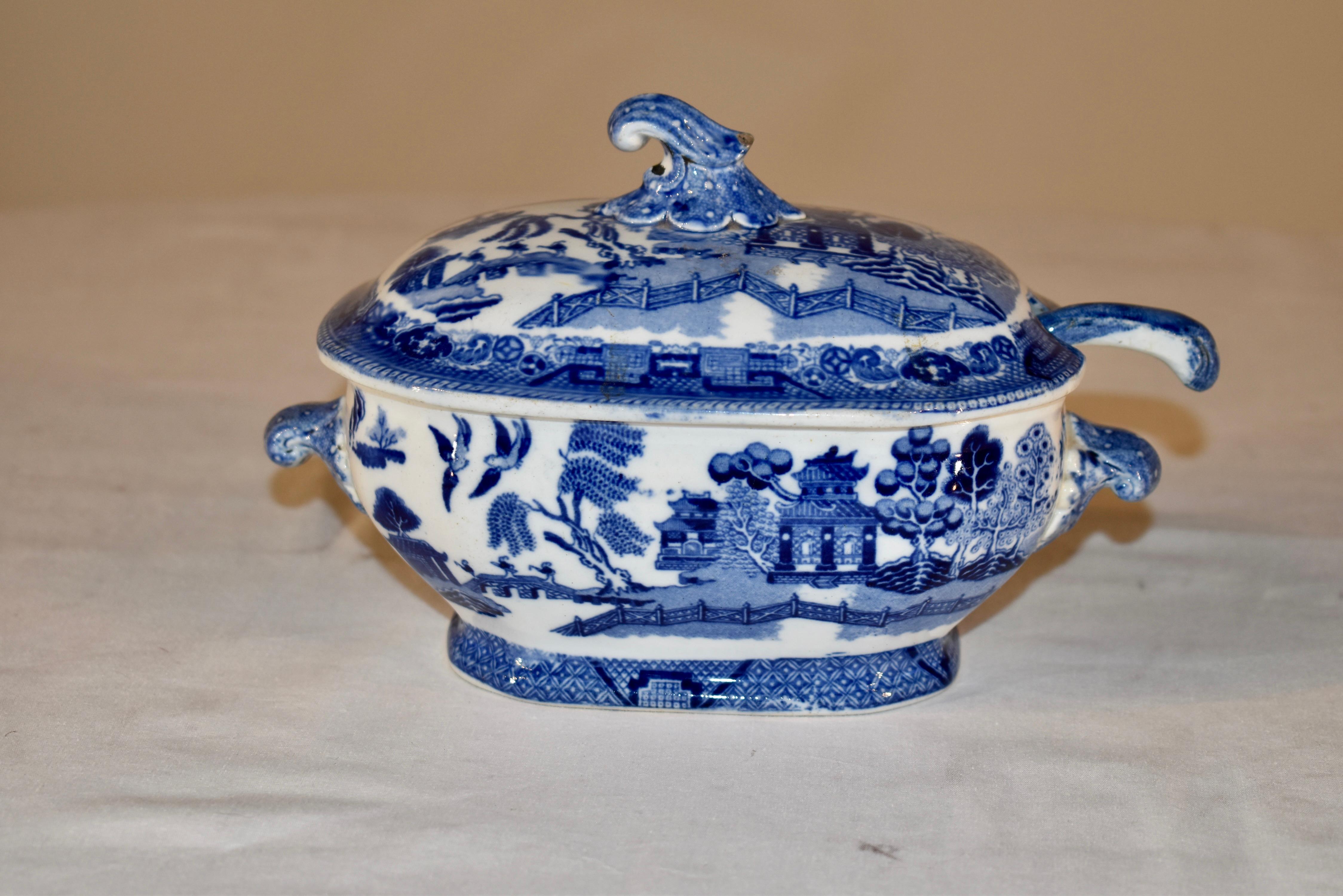 19th century Staffordshire sauce tureen and spoon from England in the highly collectible 