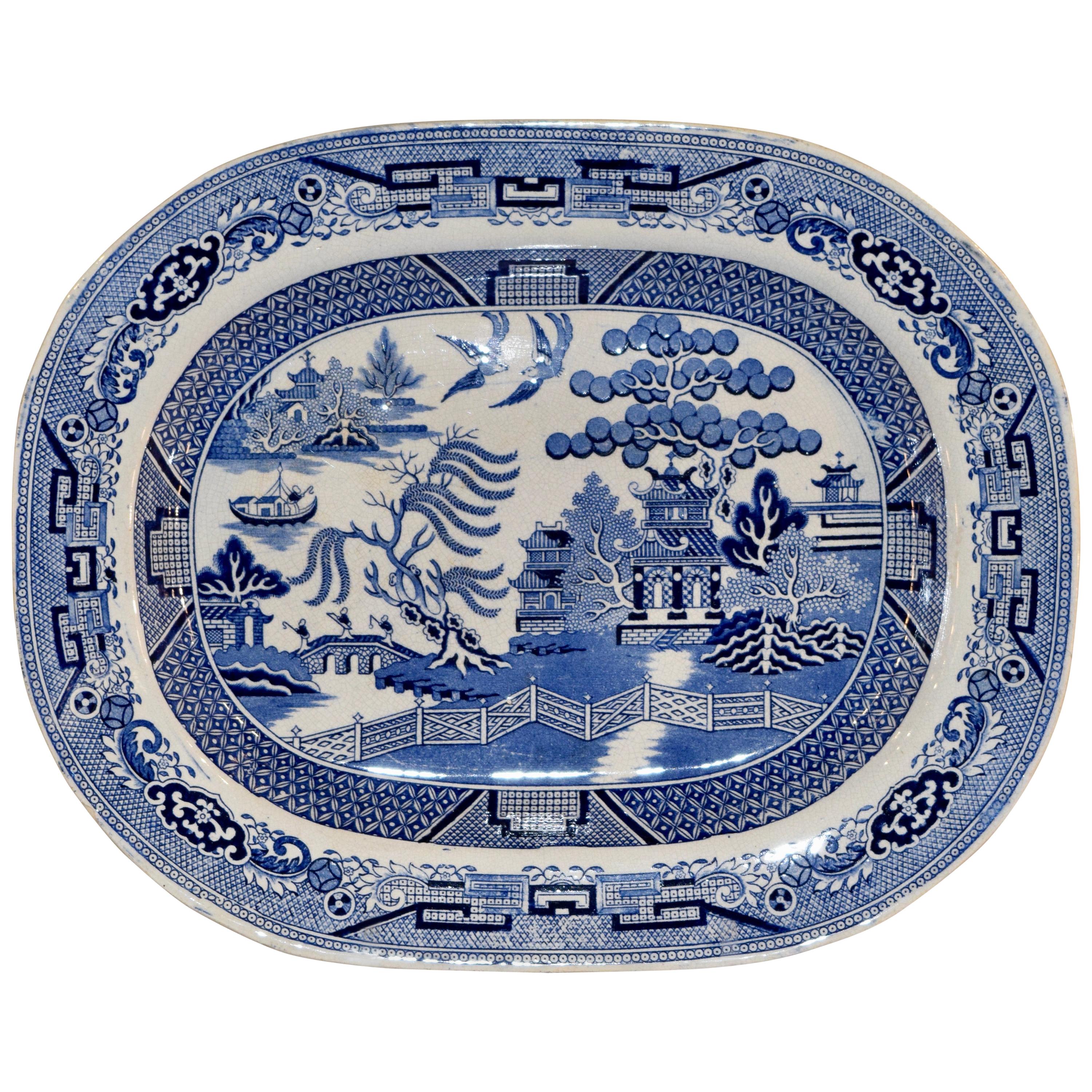 19th Century Blue Willow Staffordshire Platter For Sale