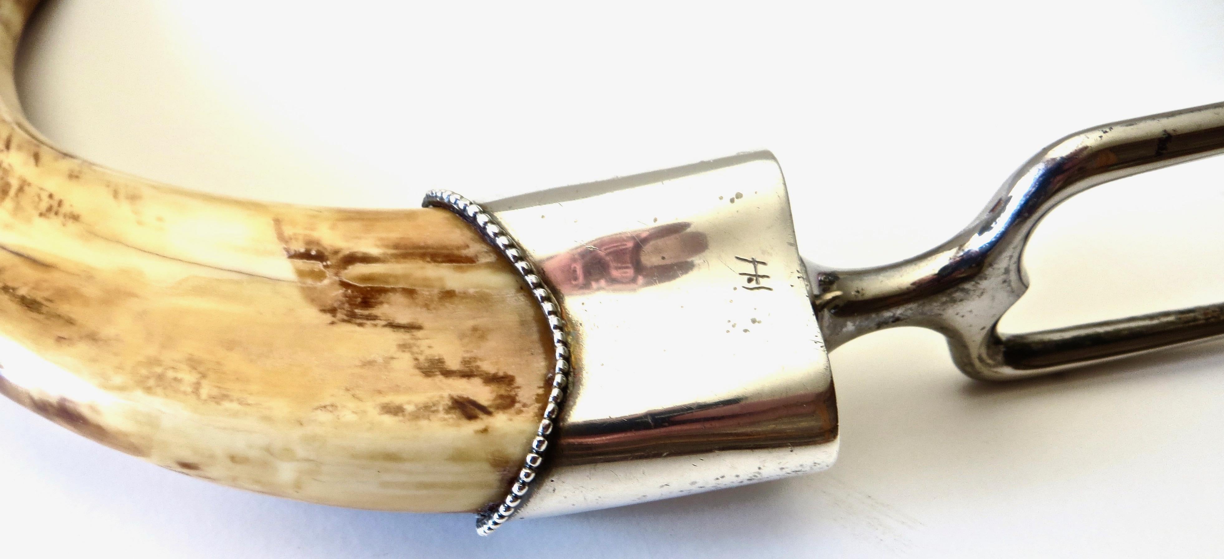 American 19th Century Boar's Tusk Serving Fork. with Sterling Silver Shoulder For Sale
