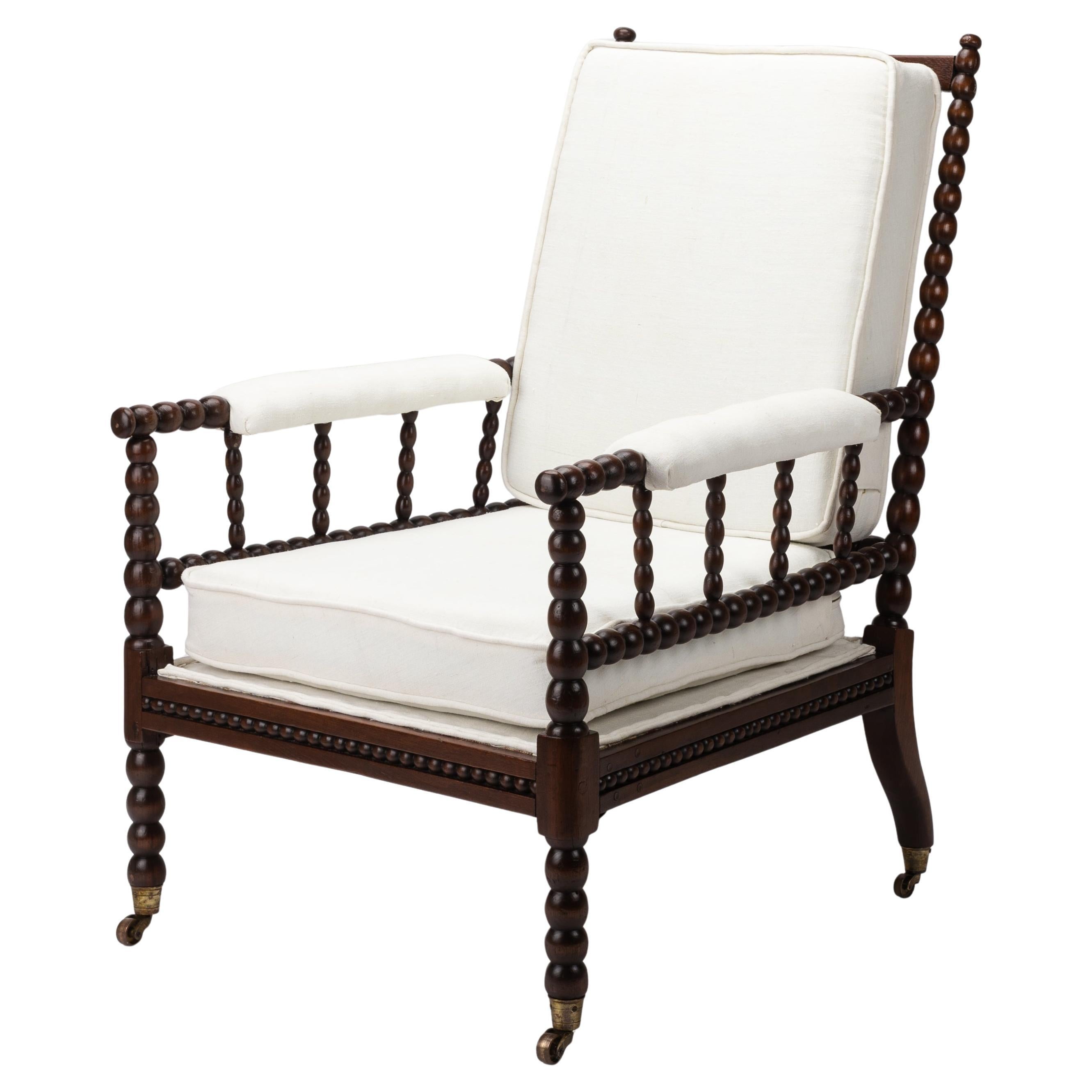 19th Century Bobbin Lounge Armchair Reupholstered In Antique French Linen