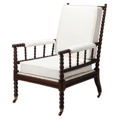 19th Century Bobbin Lounge Armchair Reupholstered In Antique French Linen