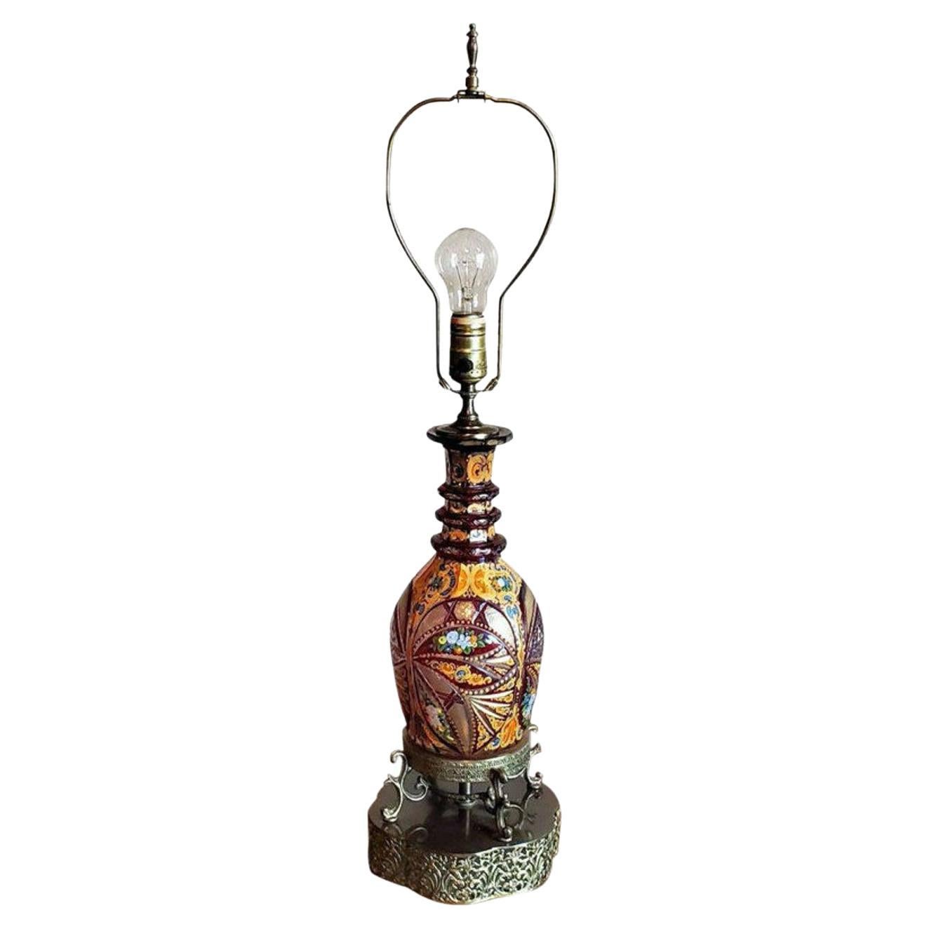 Carafe en verre d'art bohème du 19ème siècle transformée en lampe