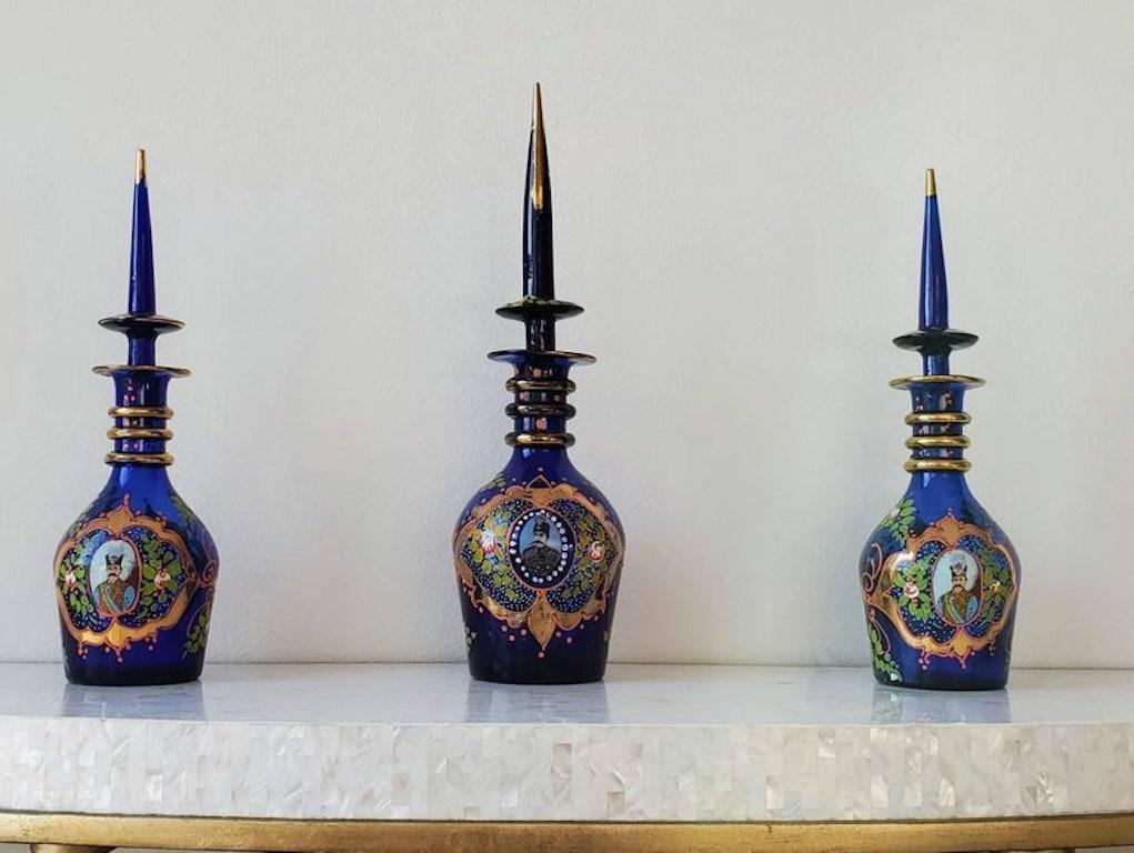Czech 19th Century Bohemian Art Glass Decanter, Set of Three For Sale