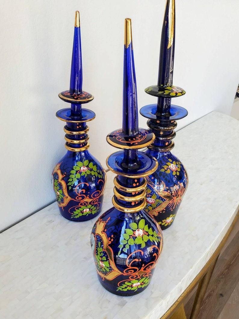 Hand-Painted 19th Century Bohemian Art Glass Decanter, Set of Three For Sale