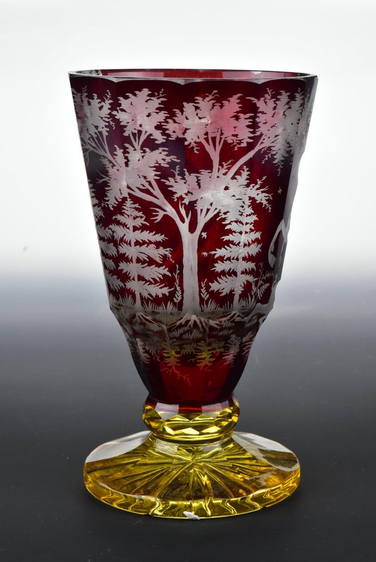 19th Century Bohemian Art Glass Spill Vase with Hunting Scene at 1stDibs