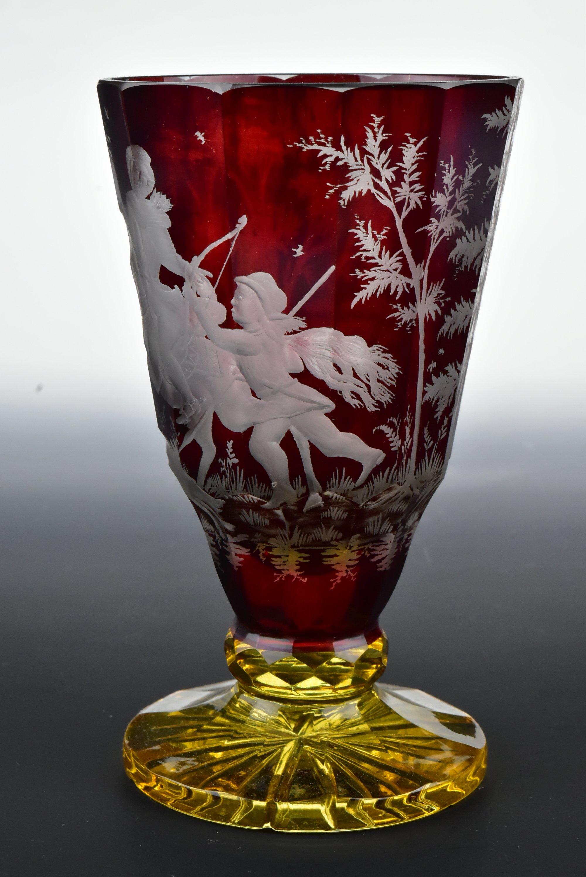 19th Century Bohemian Art Glass Spill Vase with Hunting Scene In Good Condition In Newport, NH