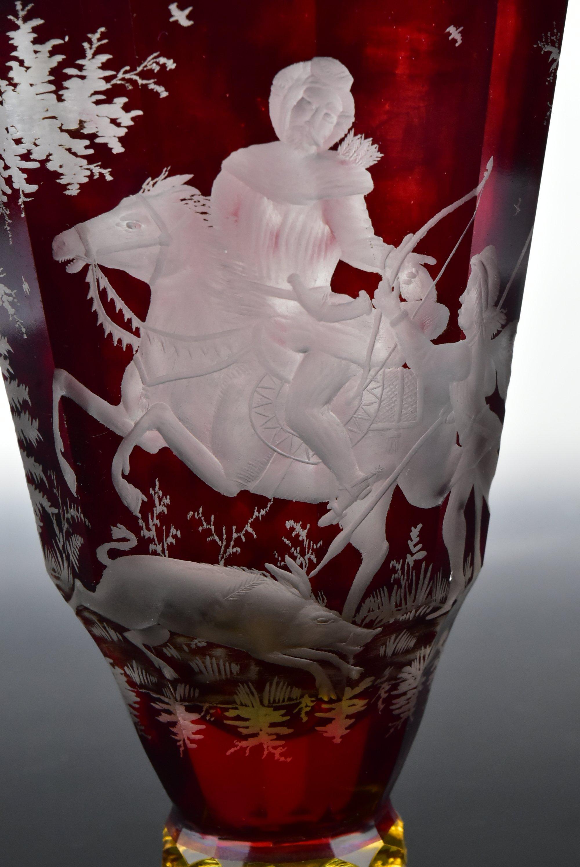 19th Century Bohemian Art Glass Spill Vase with Hunting Scene 1