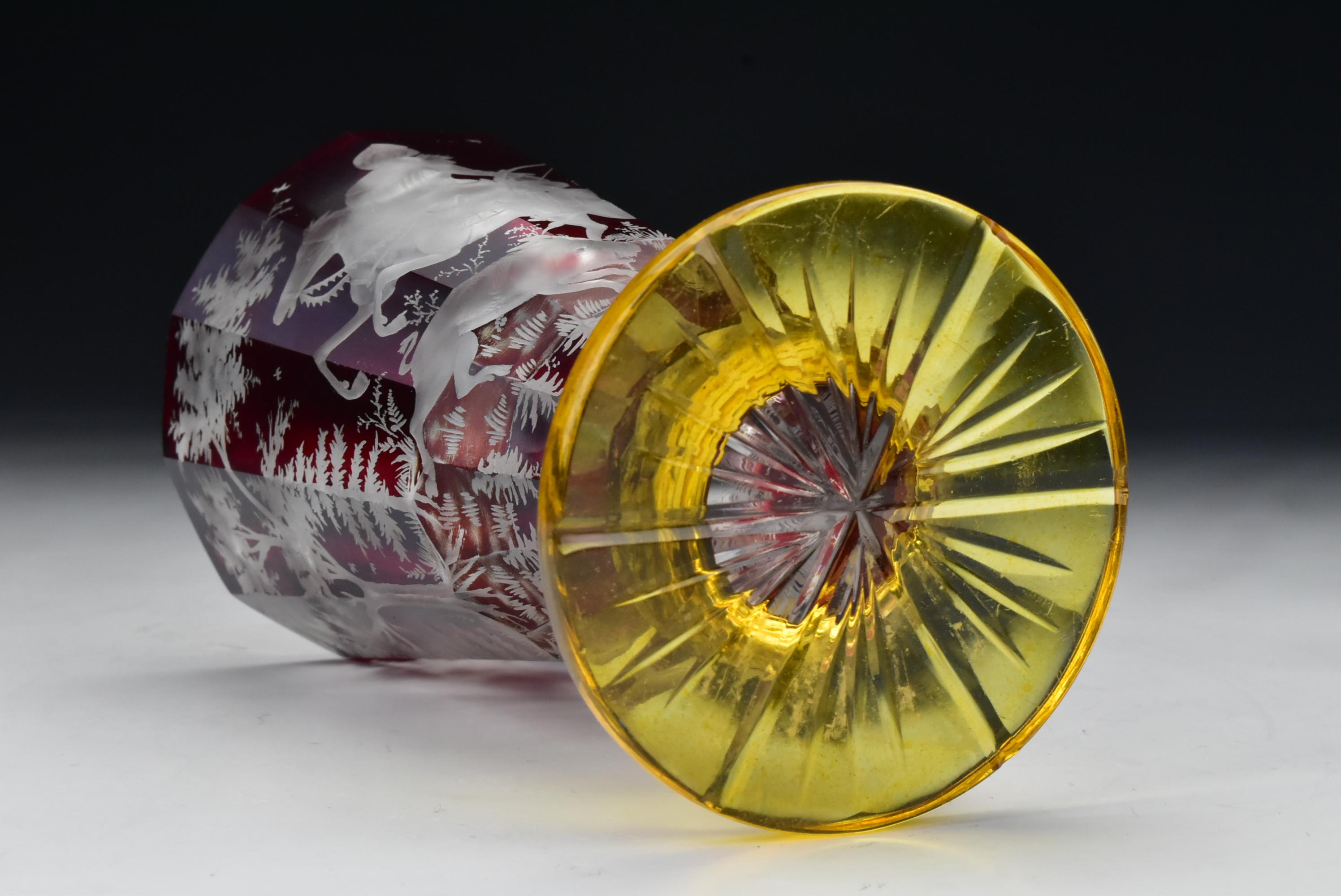 19th Century Bohemian Art Glass Spill Vase with Hunting Scene 2