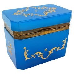 19th Century, Bohemian Barfatan or French Blue Opaline & Gilt Enameled Glass Box