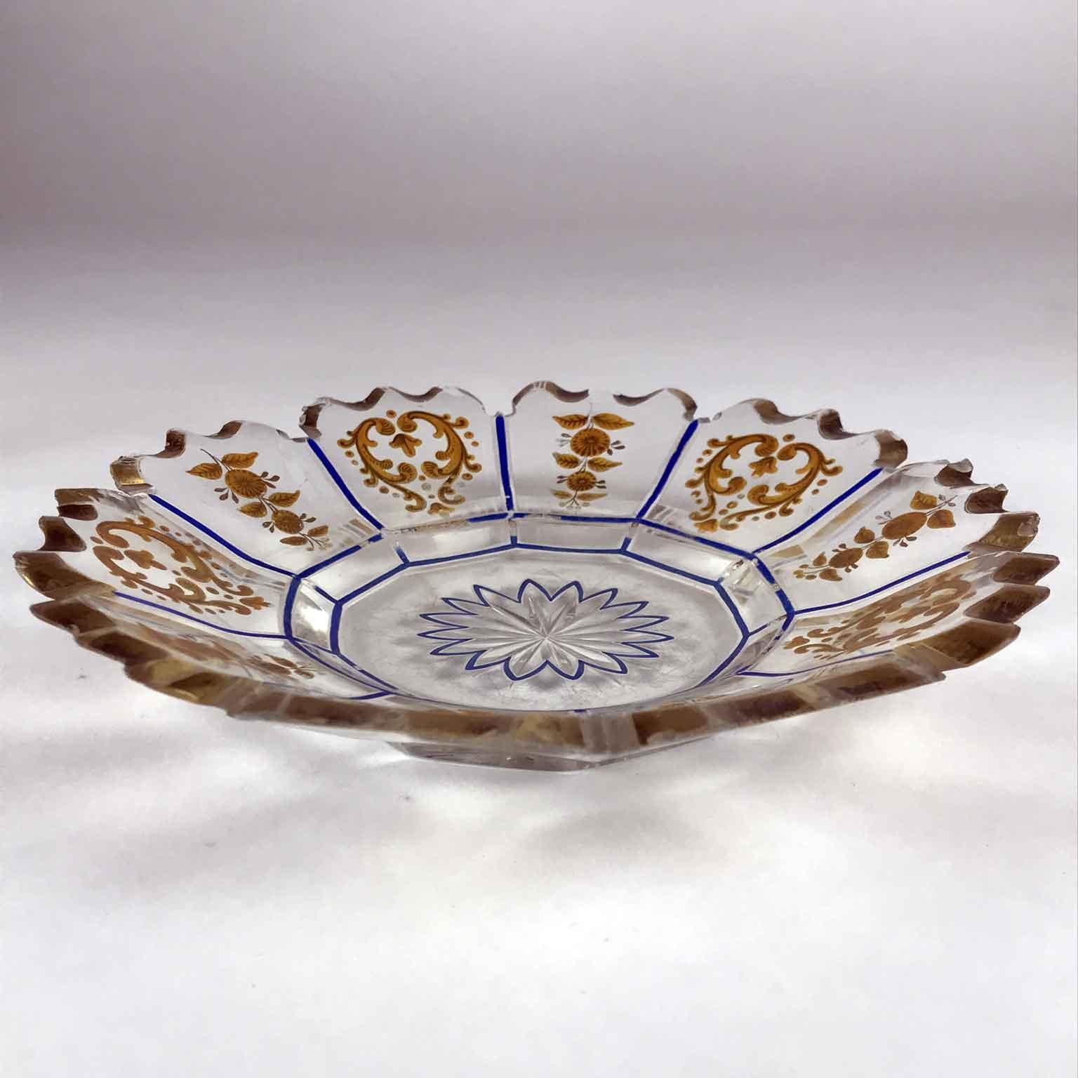 Vaso con Piatto in Cristallo Decoro Blu e Oro Austroungarico Inizio 1800 en venta 3