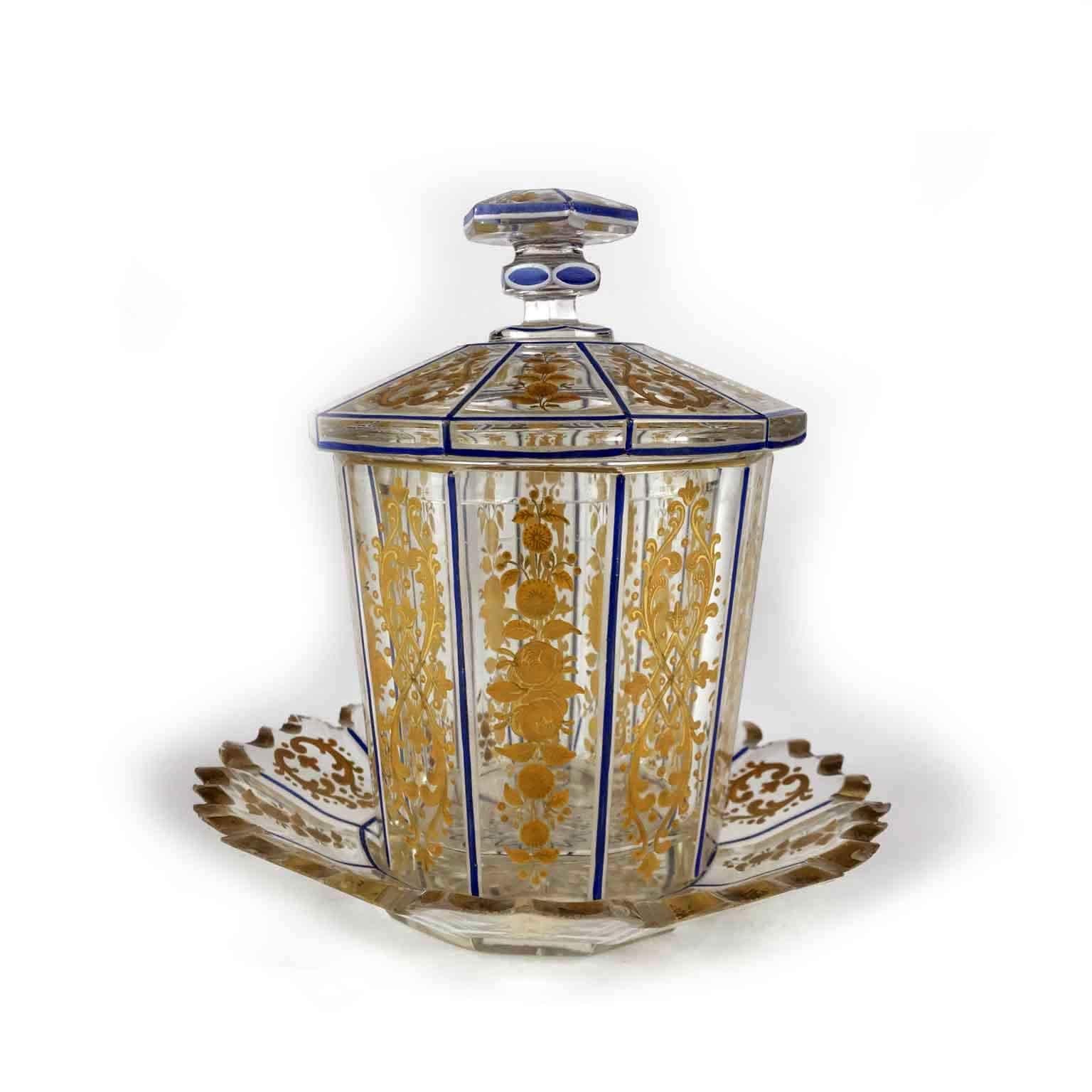 19th Century Vaso con Piatto in Cristallo Decoro Blu e Oro Austroungarico Inizio 1800 For Sale