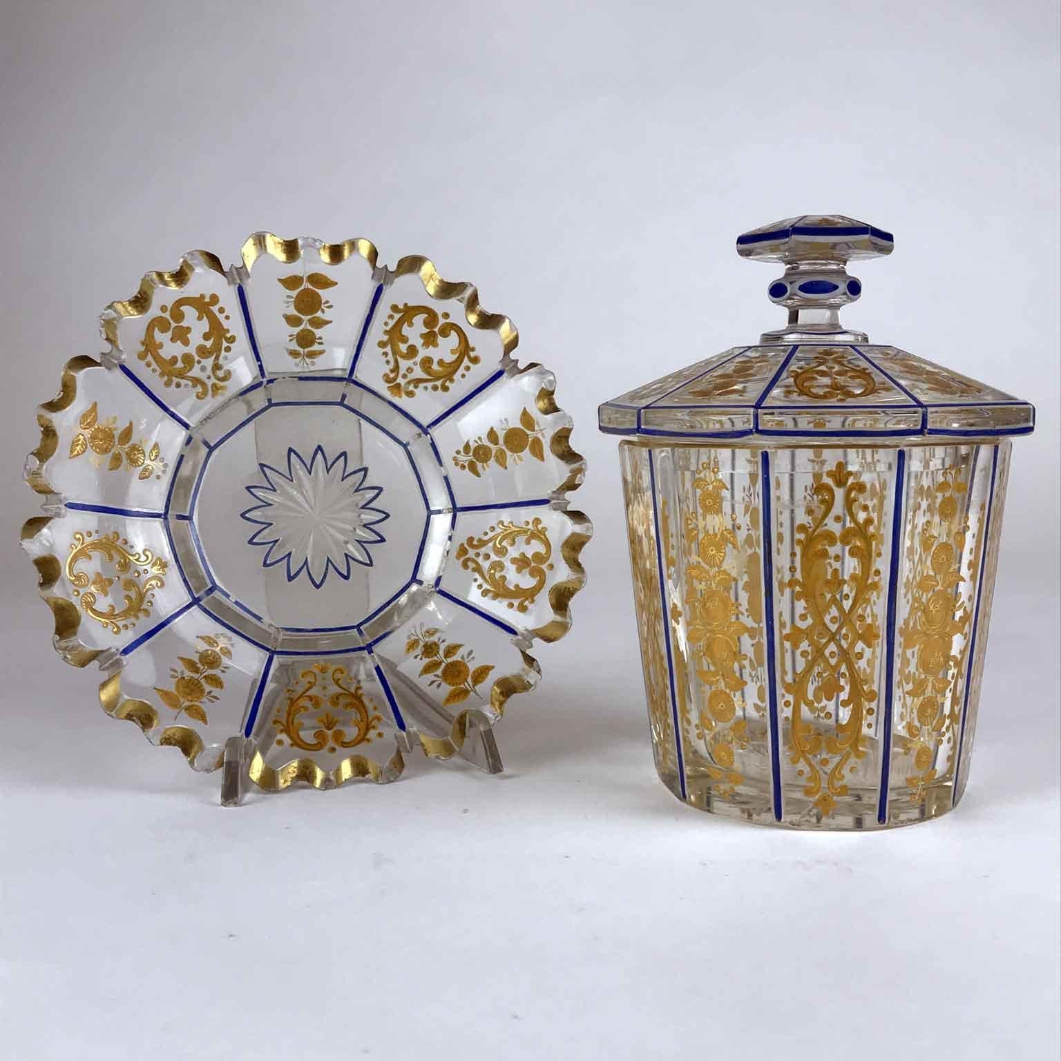 Crystal Vaso con Piatto in Cristallo Decoro Blu e Oro Austroungarico Inizio 1800 For Sale