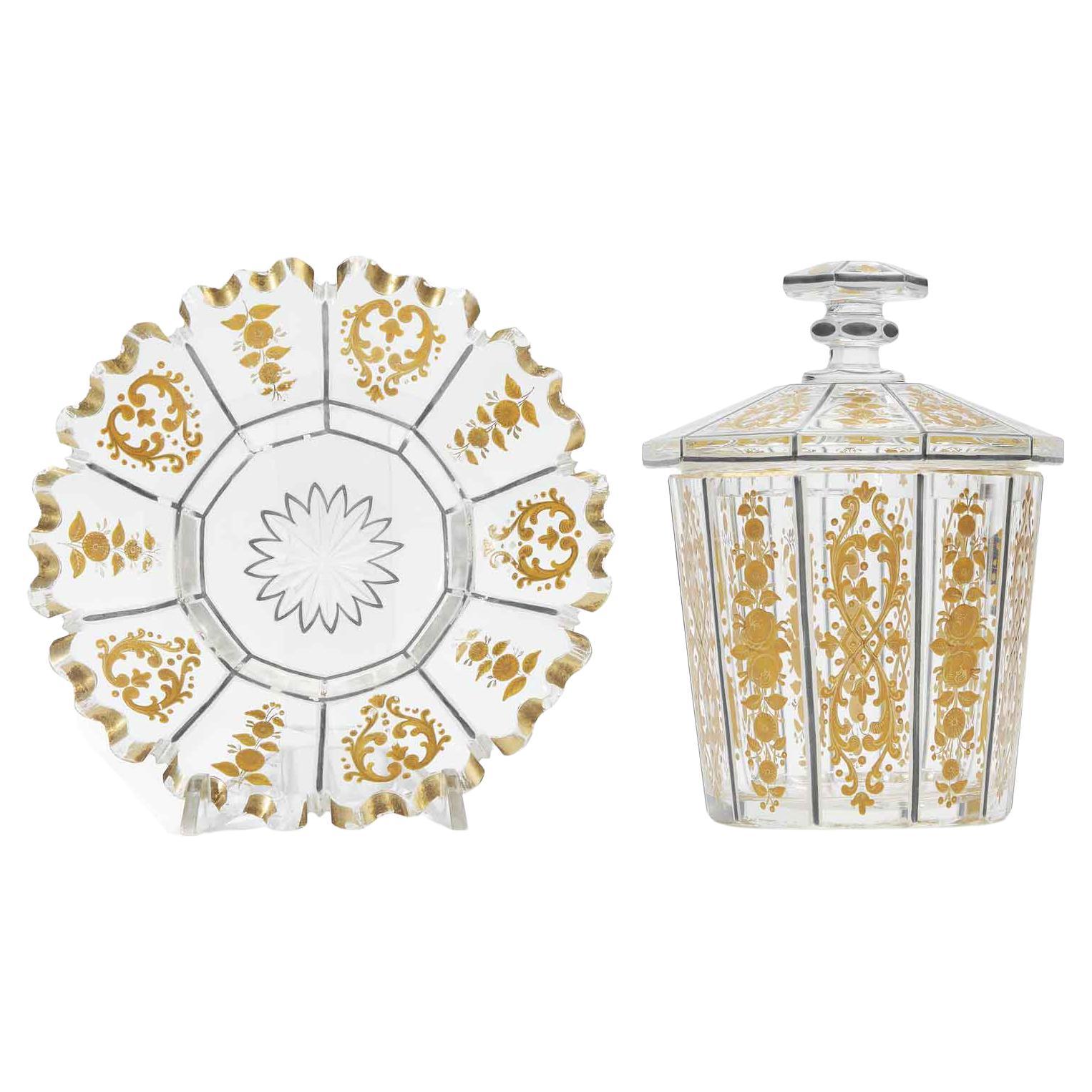 Vaso con Piatto in Cristallo Decoro Blu e Oro Austroungarico Inizio 1800 en venta