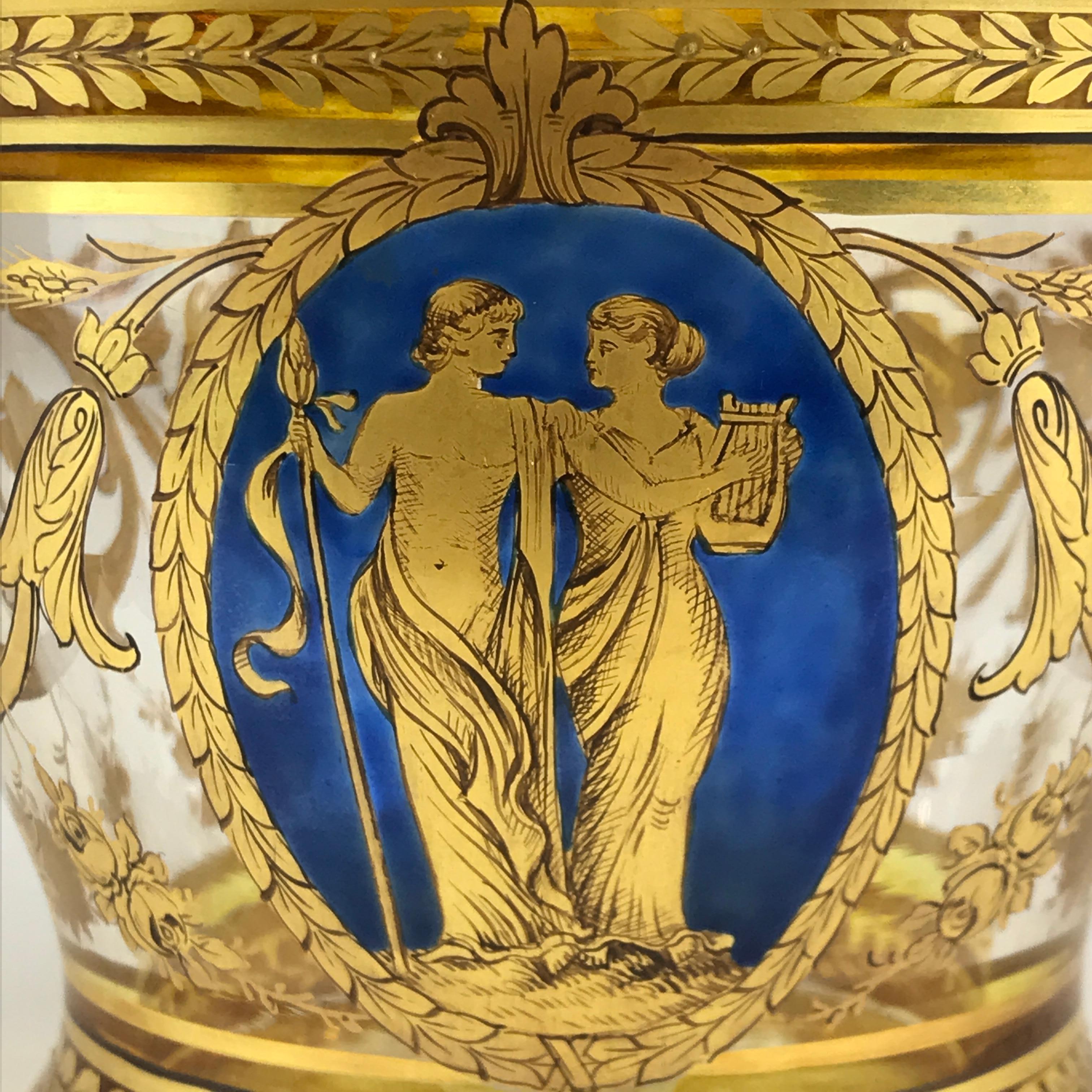 19th Century Bohemian Gilded Crystal Lidded Vase Blue Biedermeier Miniature 1
