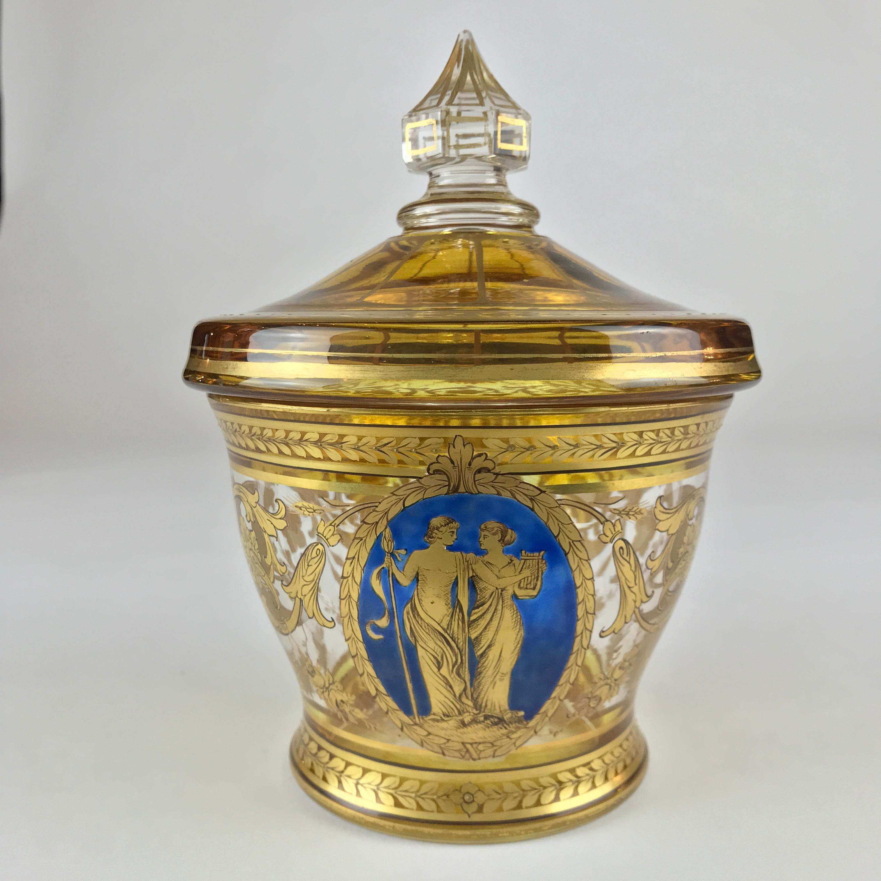 19th Century Bohemian Gilded Crystal Lidded Vase Blue Biedermeier Miniature 3