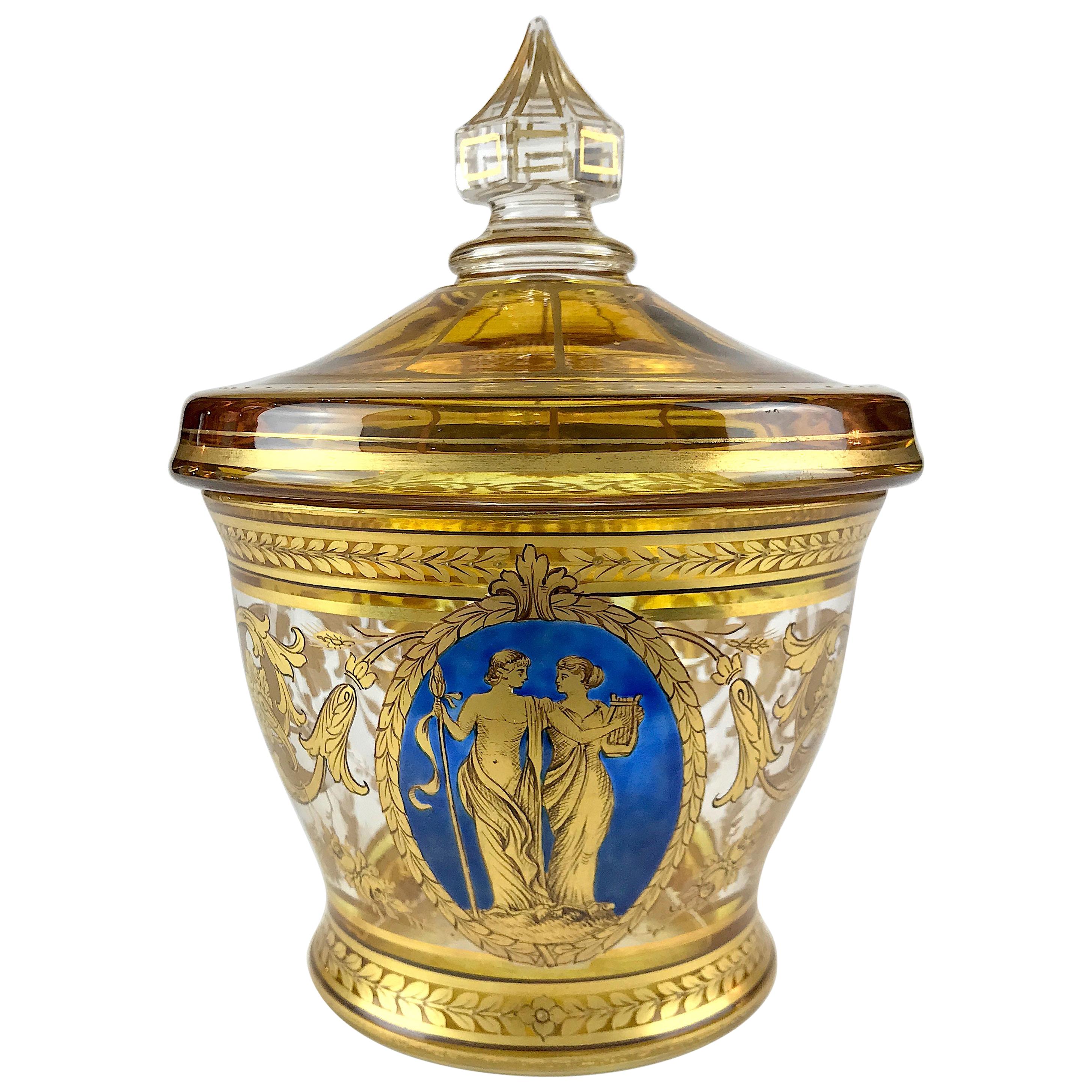 19th Century Bohemian Gilded Crystal Lidded Vase Blue Biedermeier Miniature In Good Condition In Milan, IT