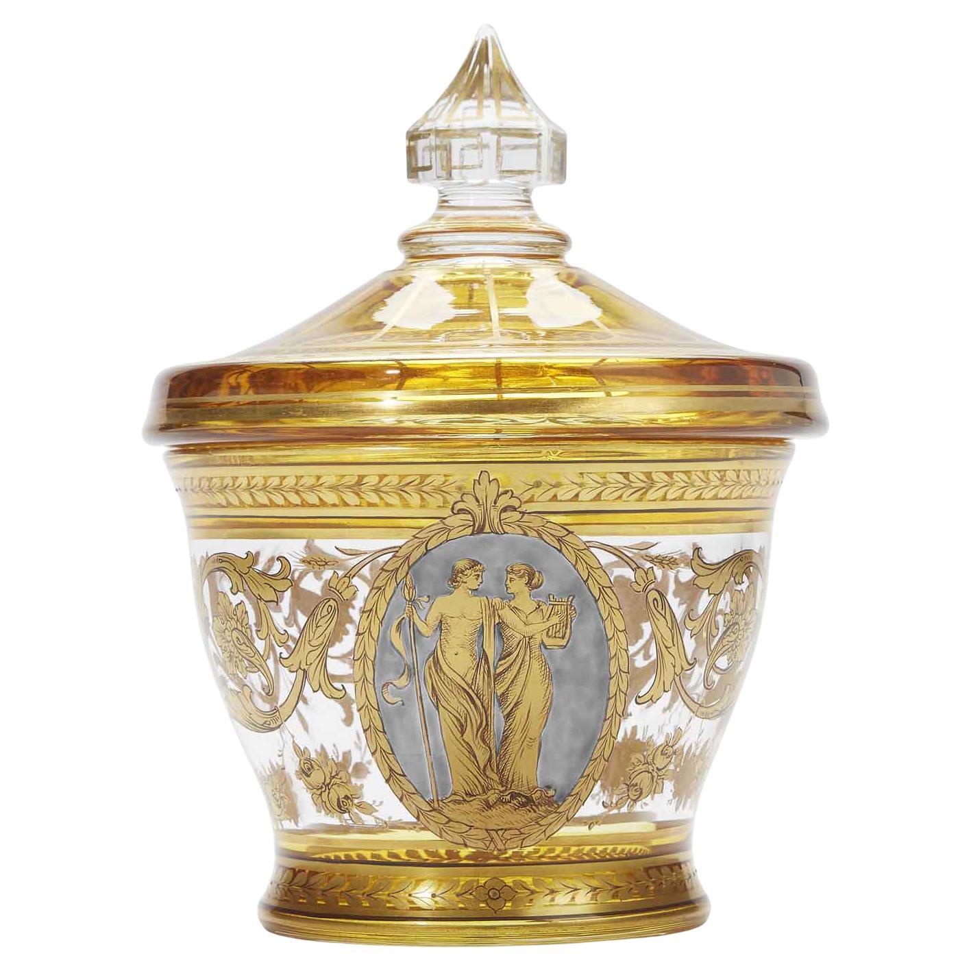 19th Century Bohemian Gilded Crystal Lidded Vase Blue Biedermeier Miniature