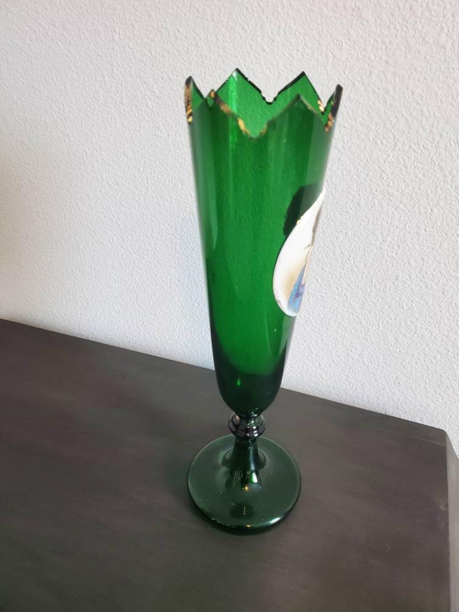 Gilt 19th Century Bohemian Gilded Green Art Glass Tall Vase For Sale