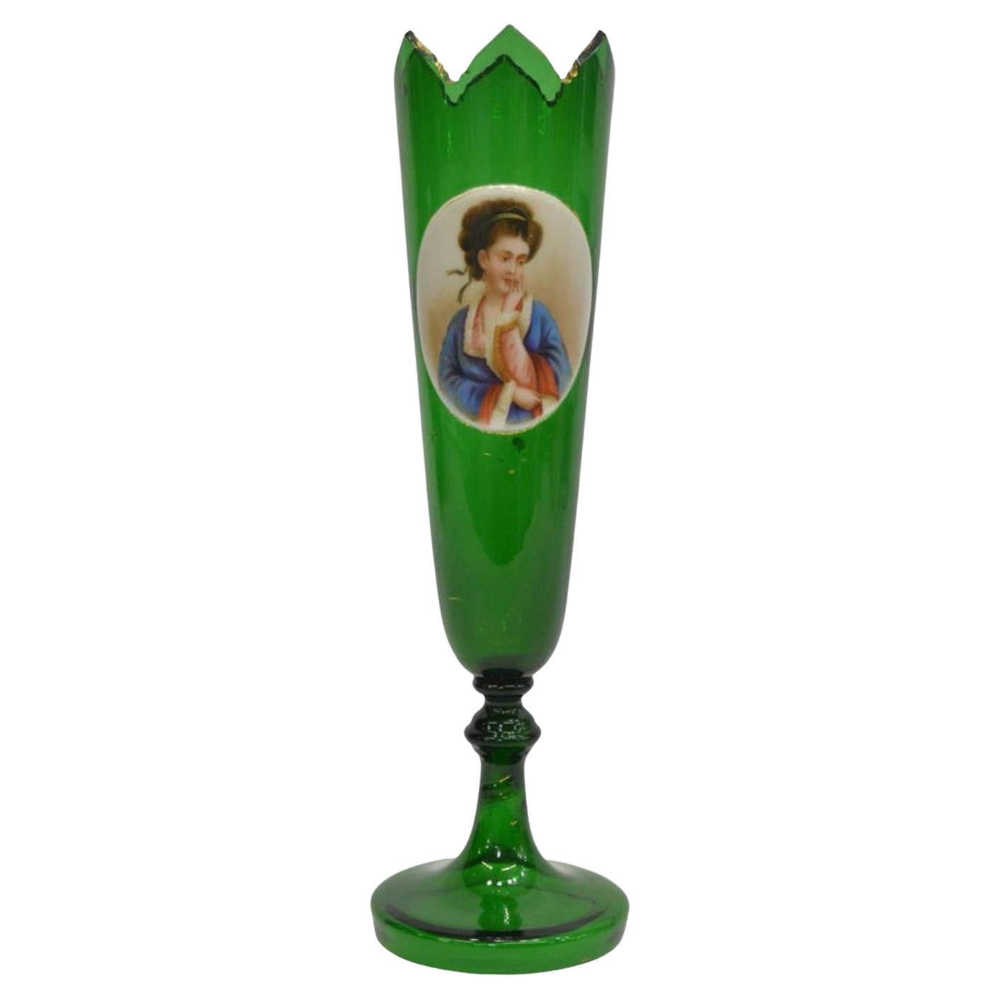 19th Century Bohemian Gilded Green Art Glass Tall Vase For Sale