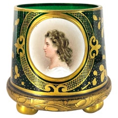 Antique 19th Century Bohemian Gilt Decorated Green Glass Vase with Portrait Medallion