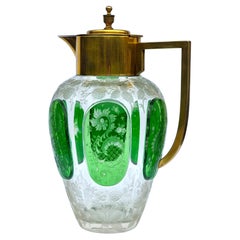 19th century Bohemian glass claret jug overlaid with green glass panels C 1890