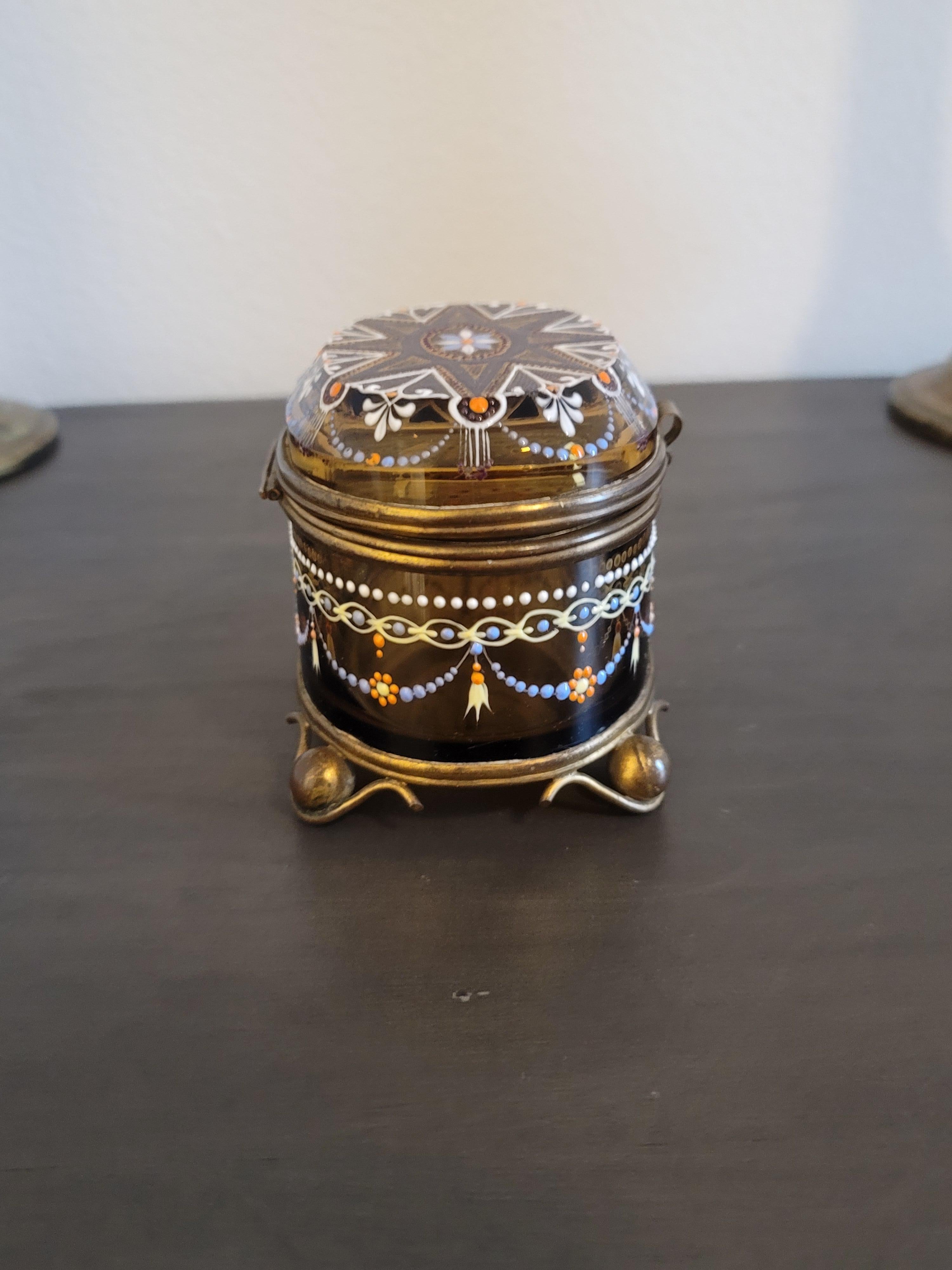 19th Century Bohemian Moser Enameled Amber Art Glass Jewel Casket For Sale 1