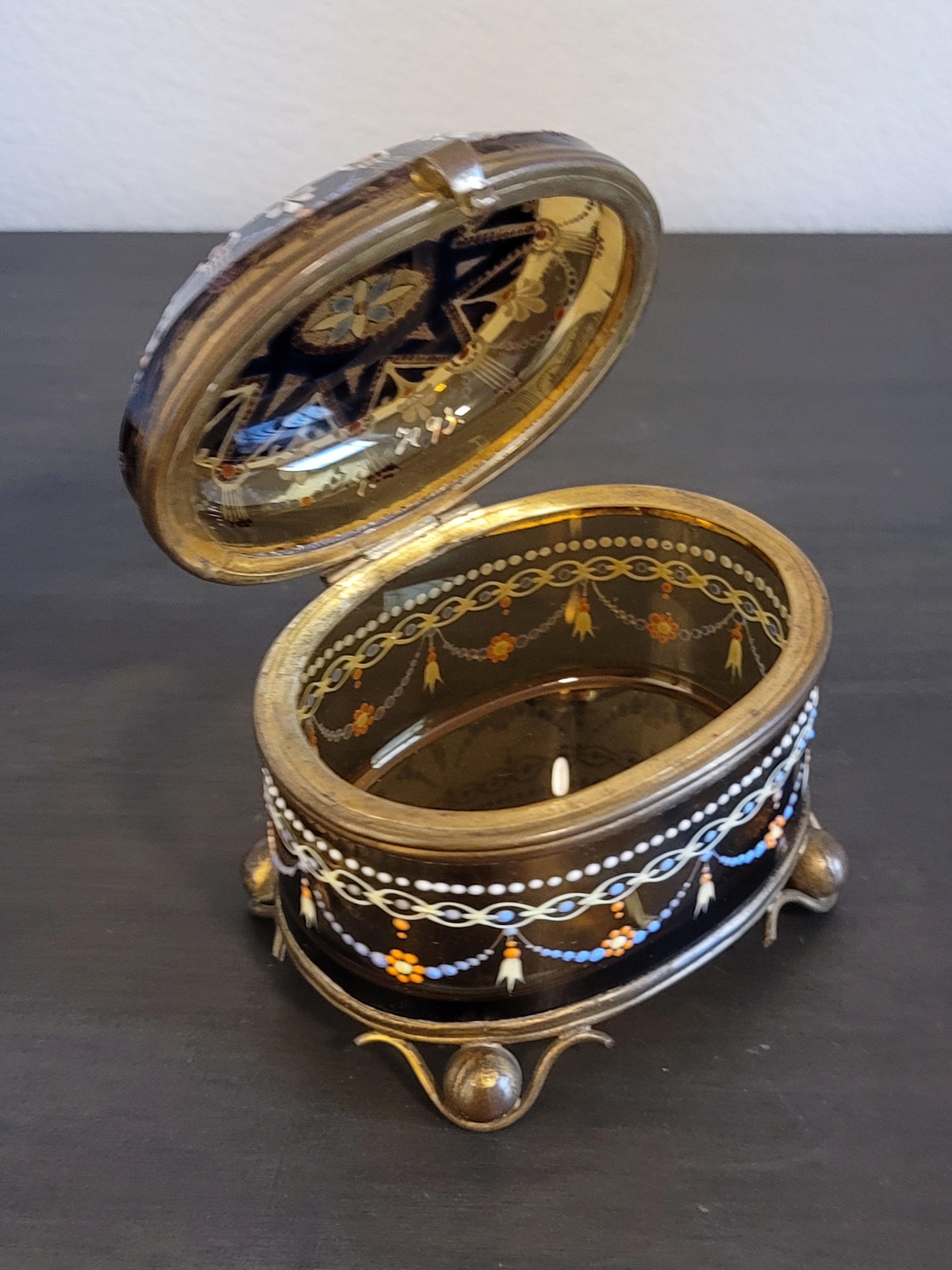 19th Century Bohemian Moser Enameled Amber Art Glass Jewel Casket For Sale 4