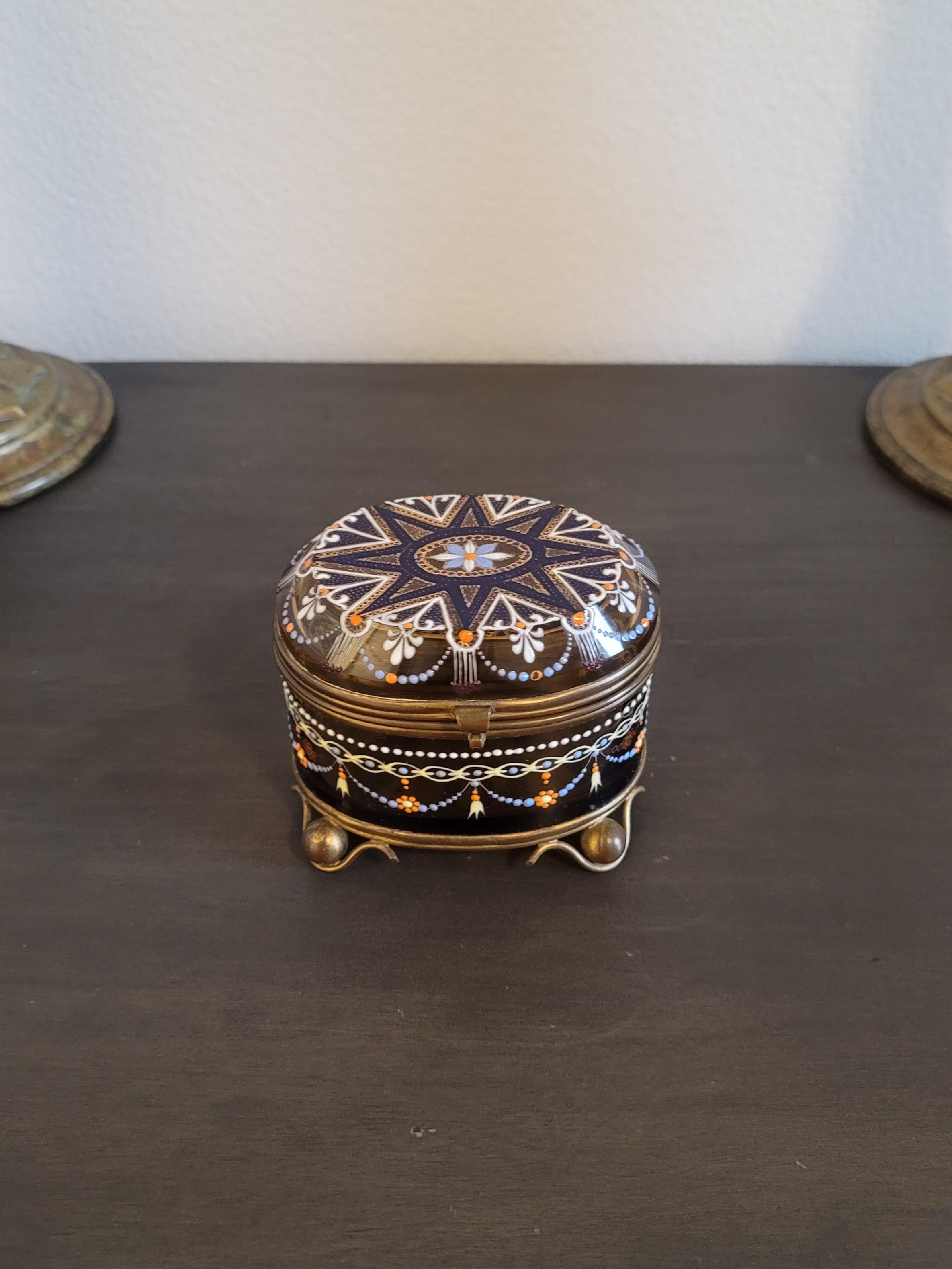 19th Century Bohemian Moser Enameled Amber Art Glass Jewel Casket For Sale 8
