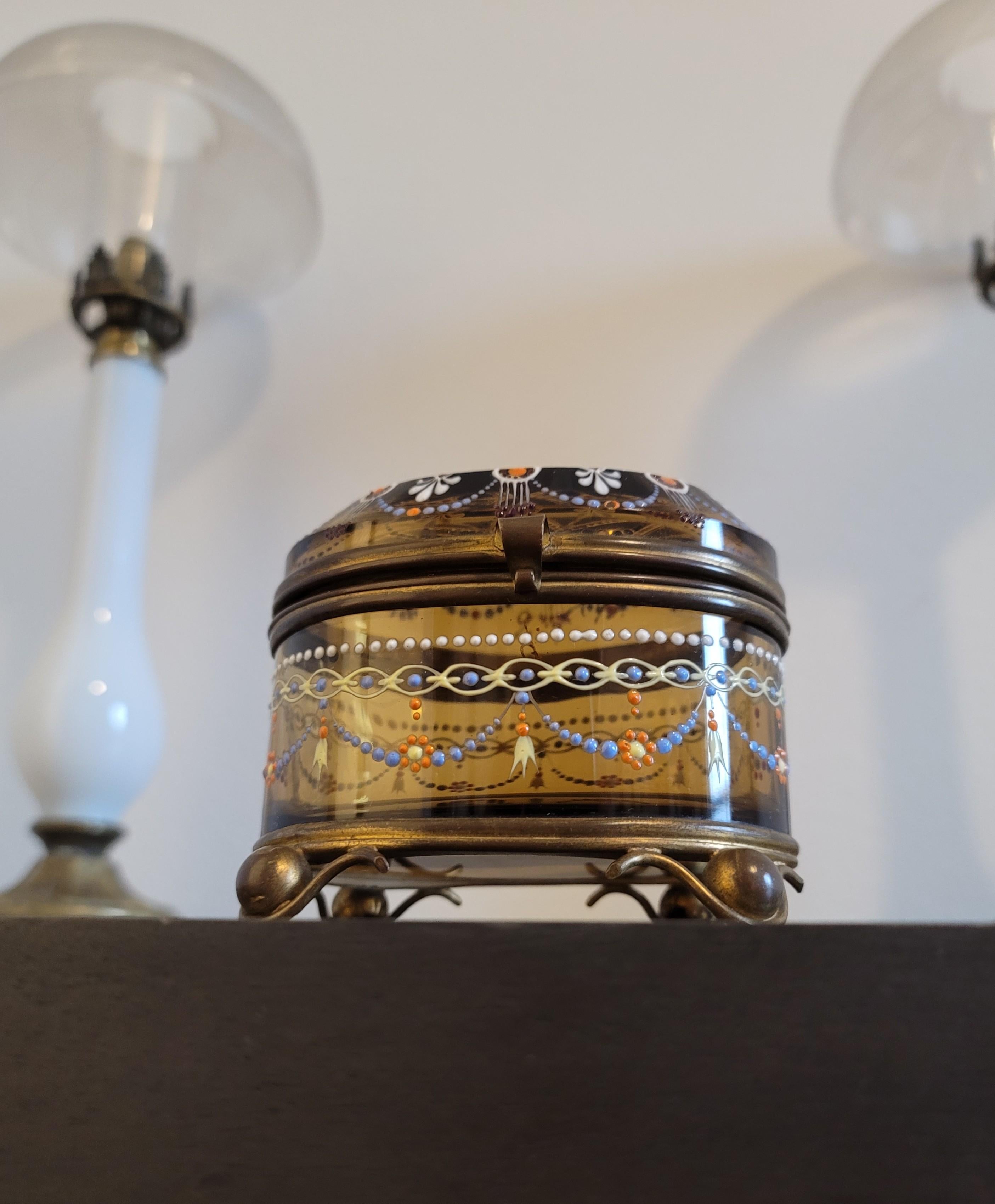 19th Century Bohemian Moser Enameled Amber Art Glass Jewel Casket For Sale 9
