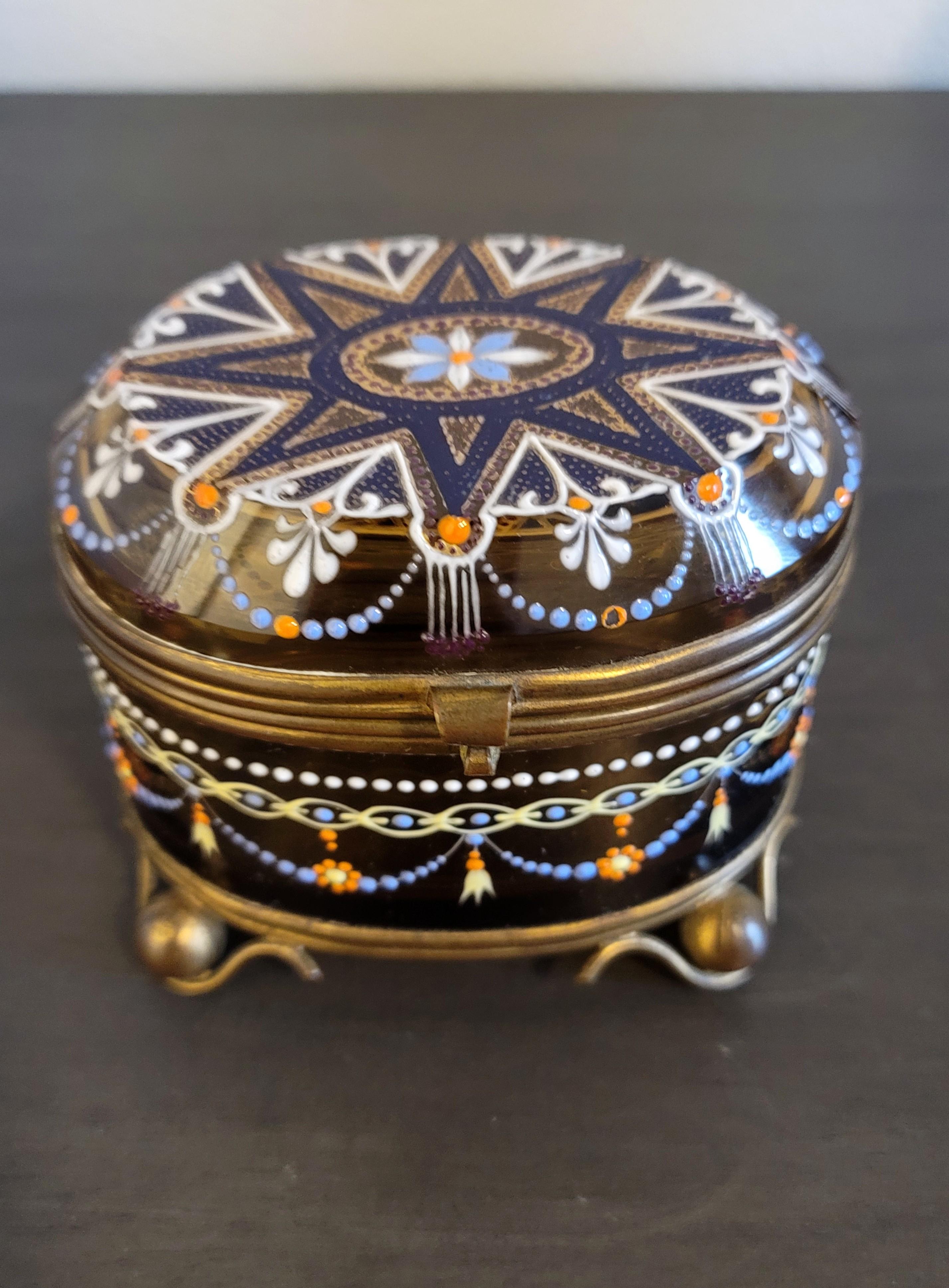 A stunning antique Bohemian enameled art glass hinged lid jewelry casket - table box by renowned luxury glass maker Moser.

Exquisitely hand-made in Bohemia (present day Czech Republic) in the late 19th century, artistic Art Nouveau period