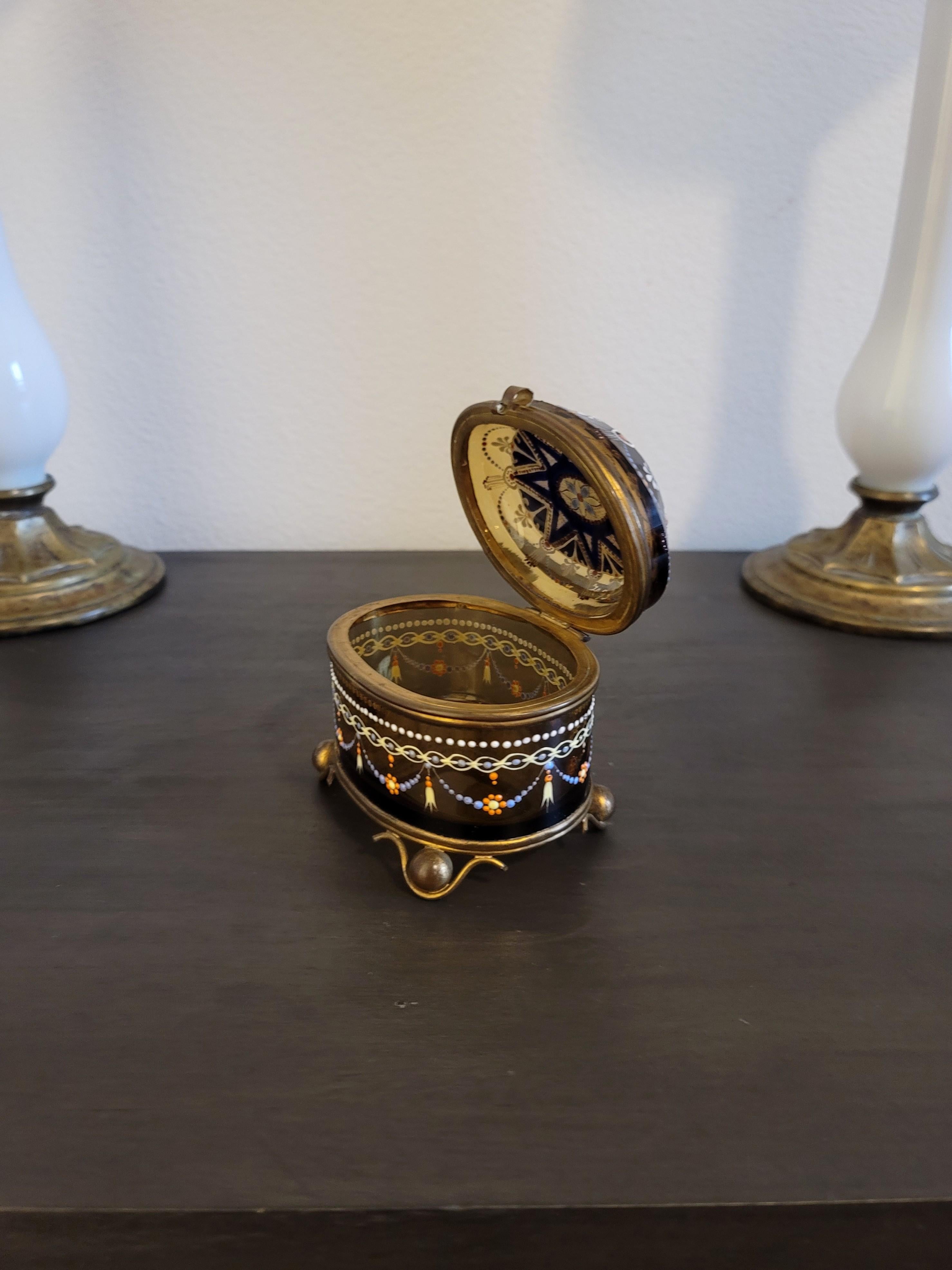 19th Century Bohemian Moser Enameled Amber Art Glass Jewel Casket For Sale 11