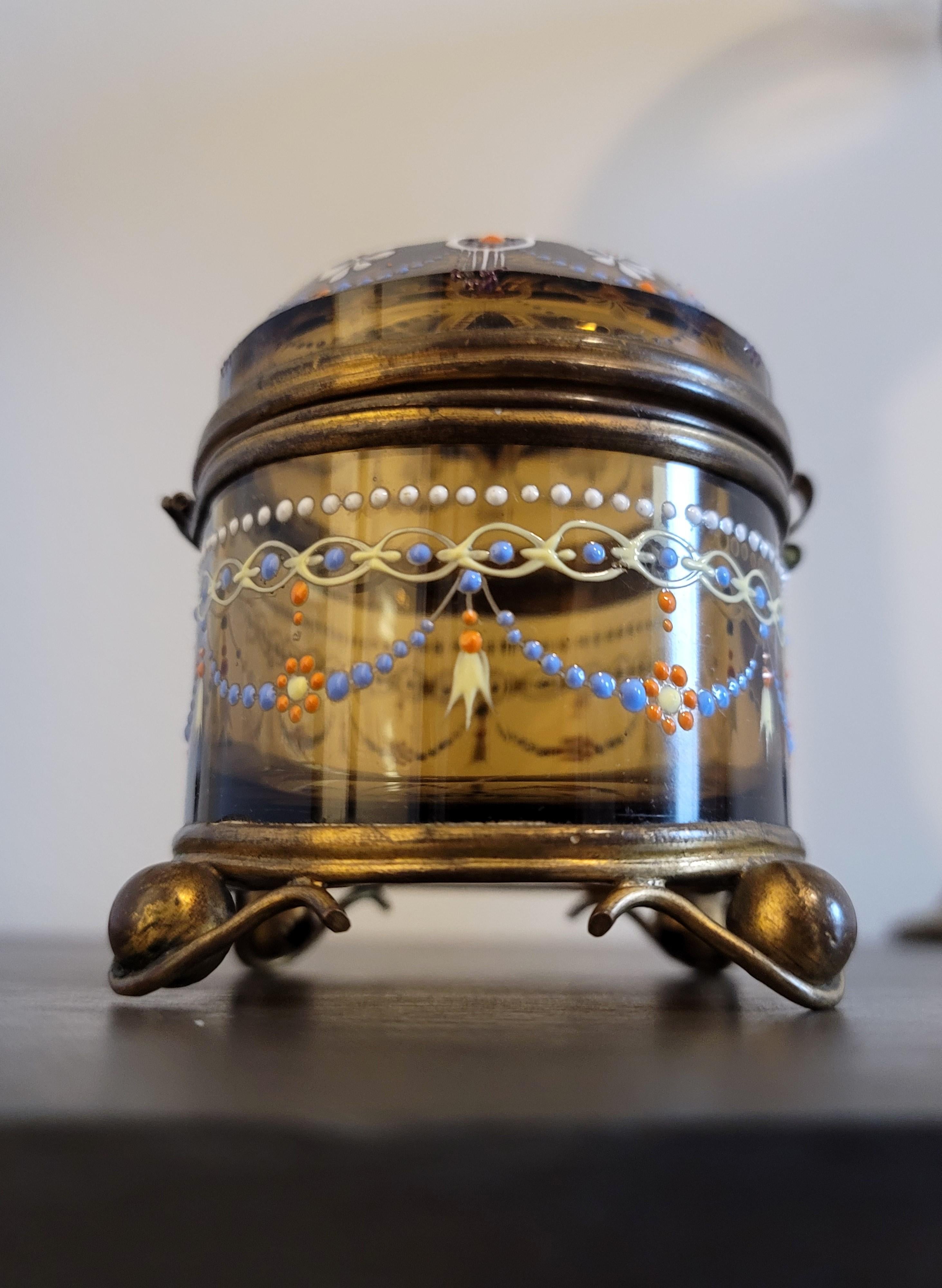 Czech 19th Century Bohemian Moser Enameled Amber Art Glass Jewel Casket For Sale