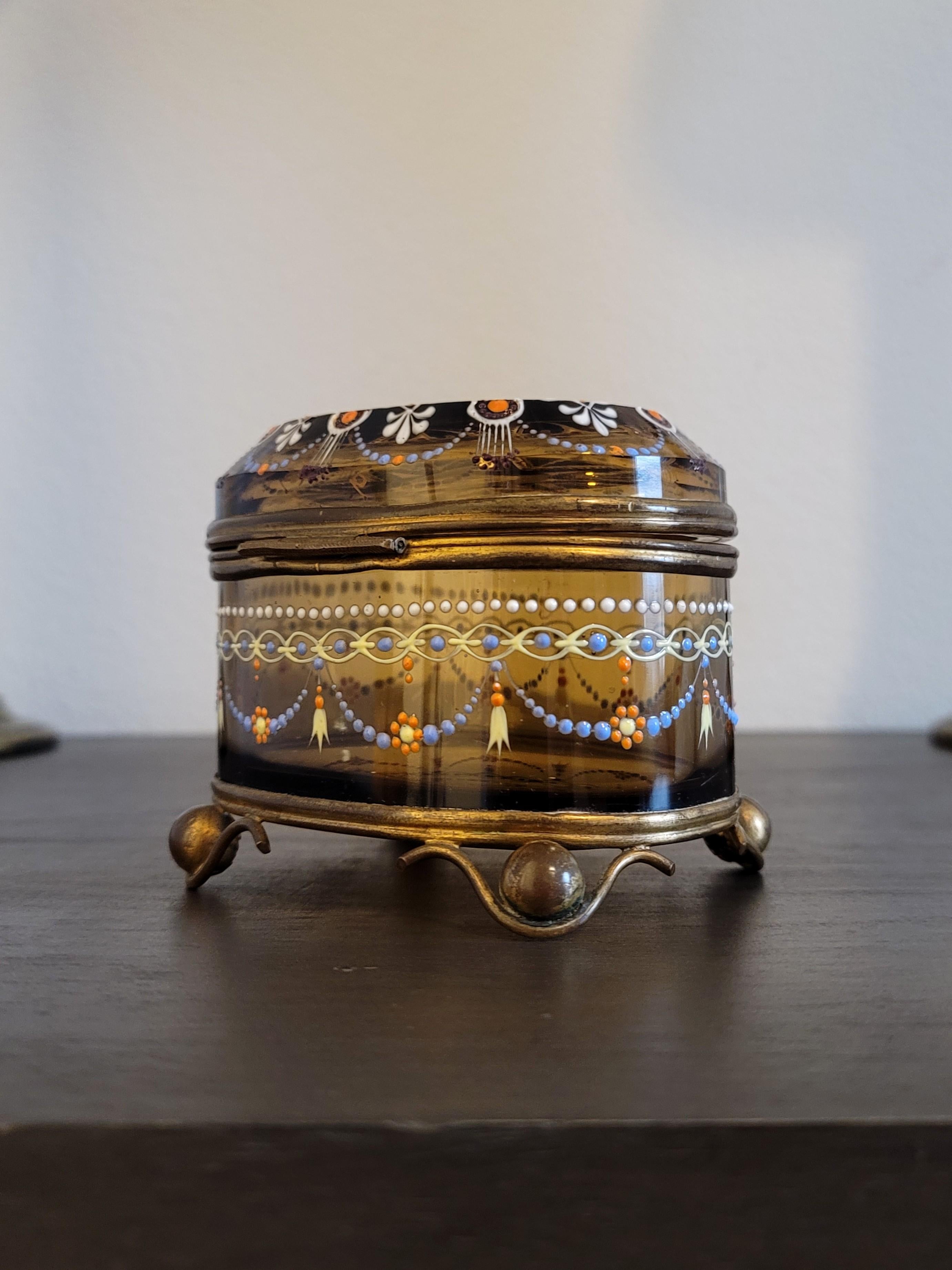 Brass 19th Century Bohemian Moser Enameled Amber Art Glass Jewel Casket For Sale