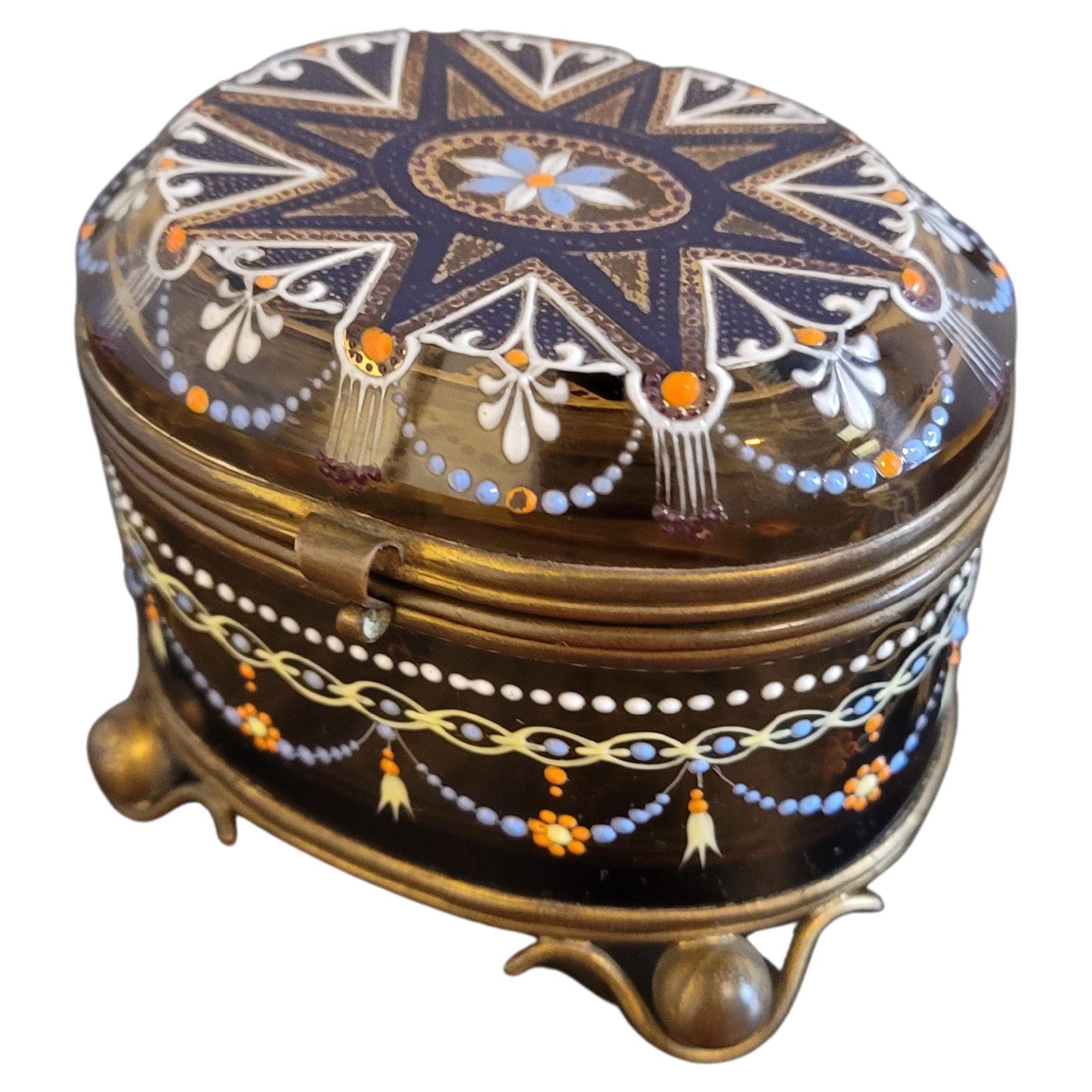 19th Century Bohemian Moser Enameled Amber Art Glass Jewel Casket For Sale