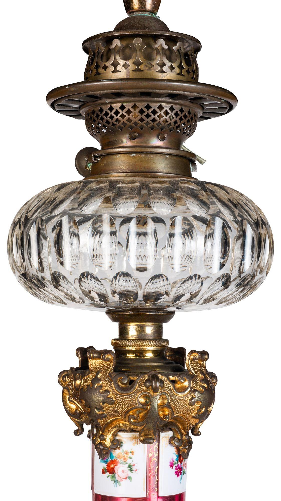 Czech 19th Century Bohemian overlay oil lamp. For Sale