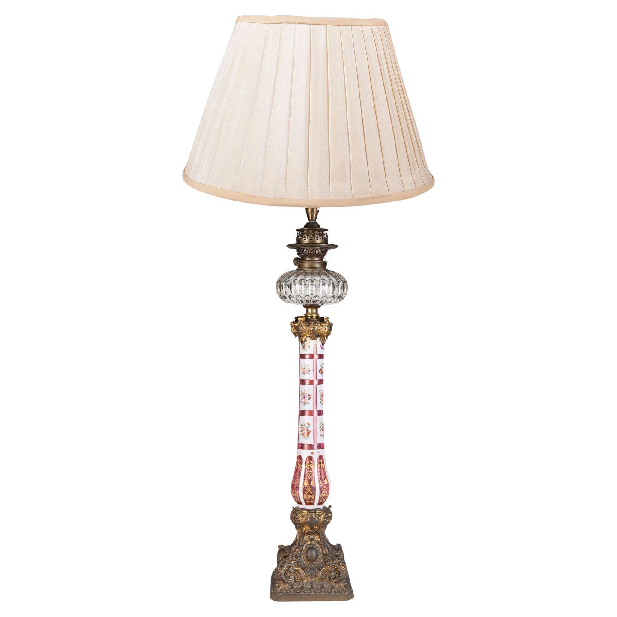 19th Century Bohemian overlay oil lamp. For Sale