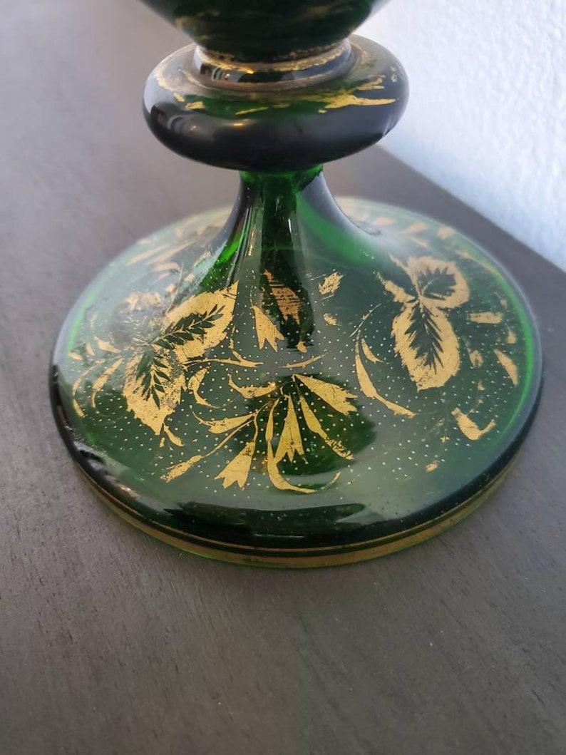 19th Century Bohemian Parcel Gilt Green Art Glass Painted Portrait Vase In Good Condition In Forney, TX