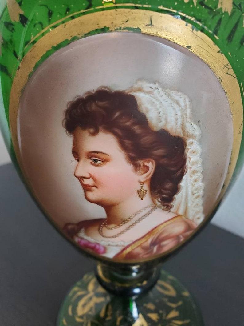 19th Century Bohemian Parcel Gilt Green Art Glass Painted Portrait Vase 2
