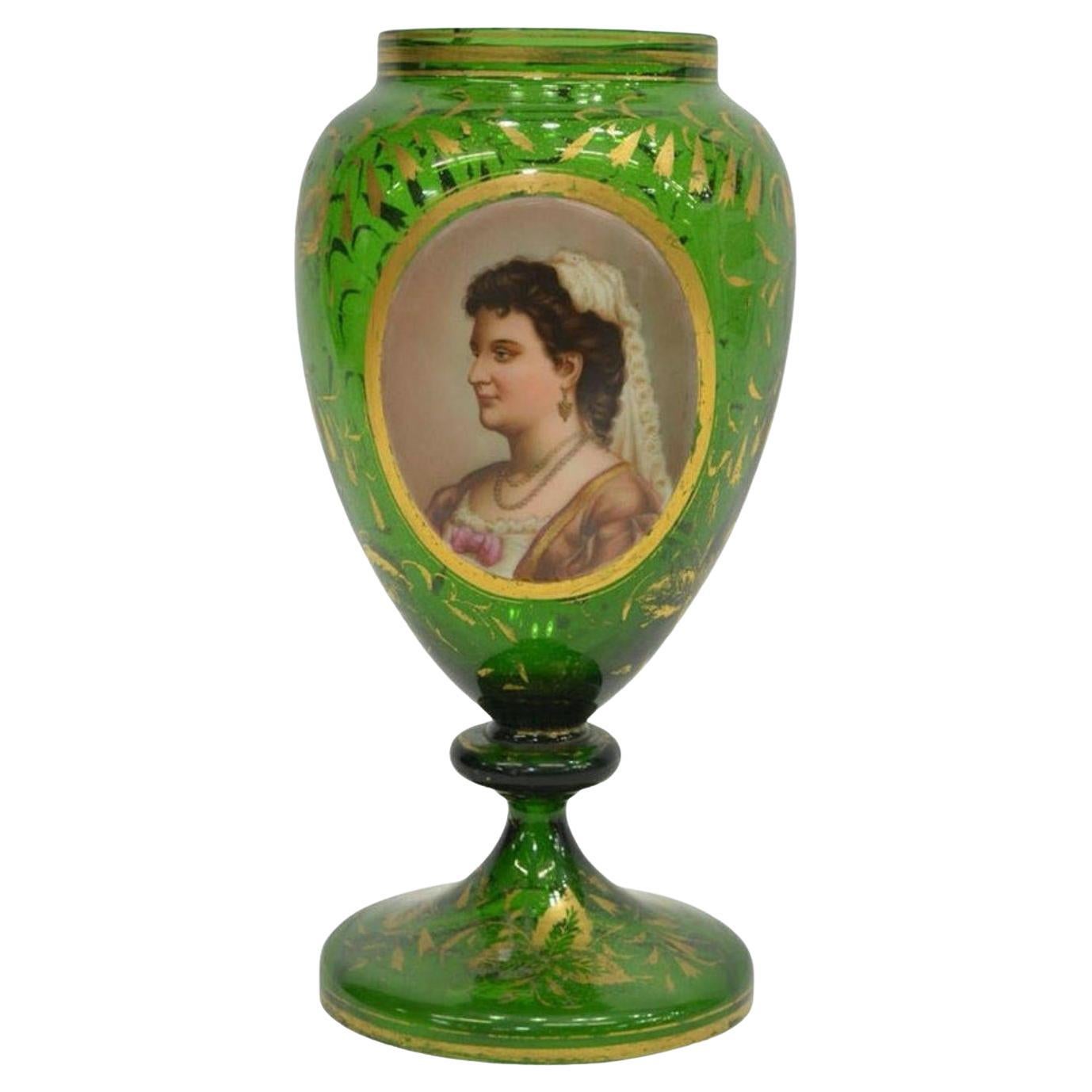 19th Century Bohemian Parcel Gilt Green Art Glass Painted Portrait Vase