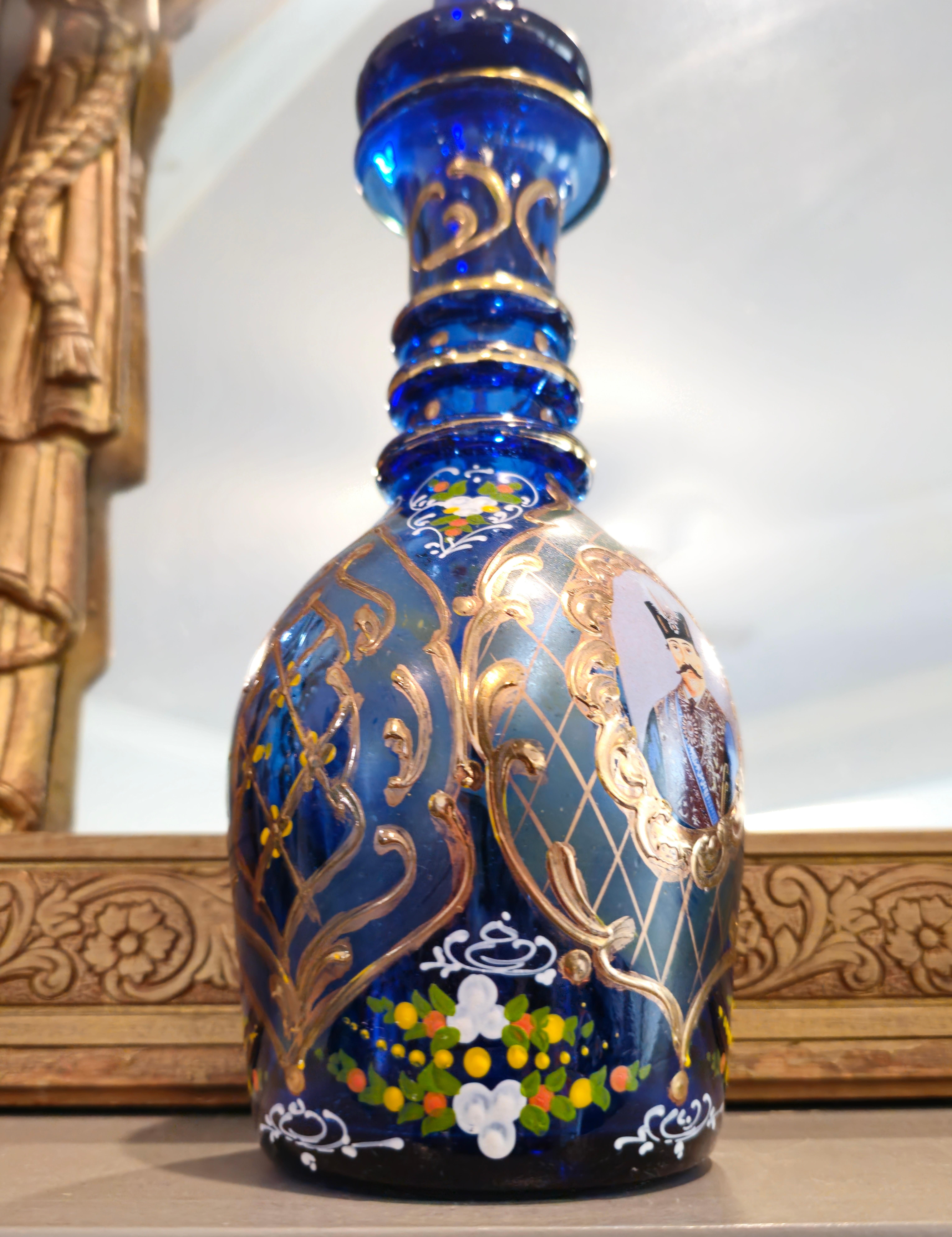 19th Century Bohemian Persian Market Qajar Enameled Gilt Cobalt Glass Decanters For Sale 3