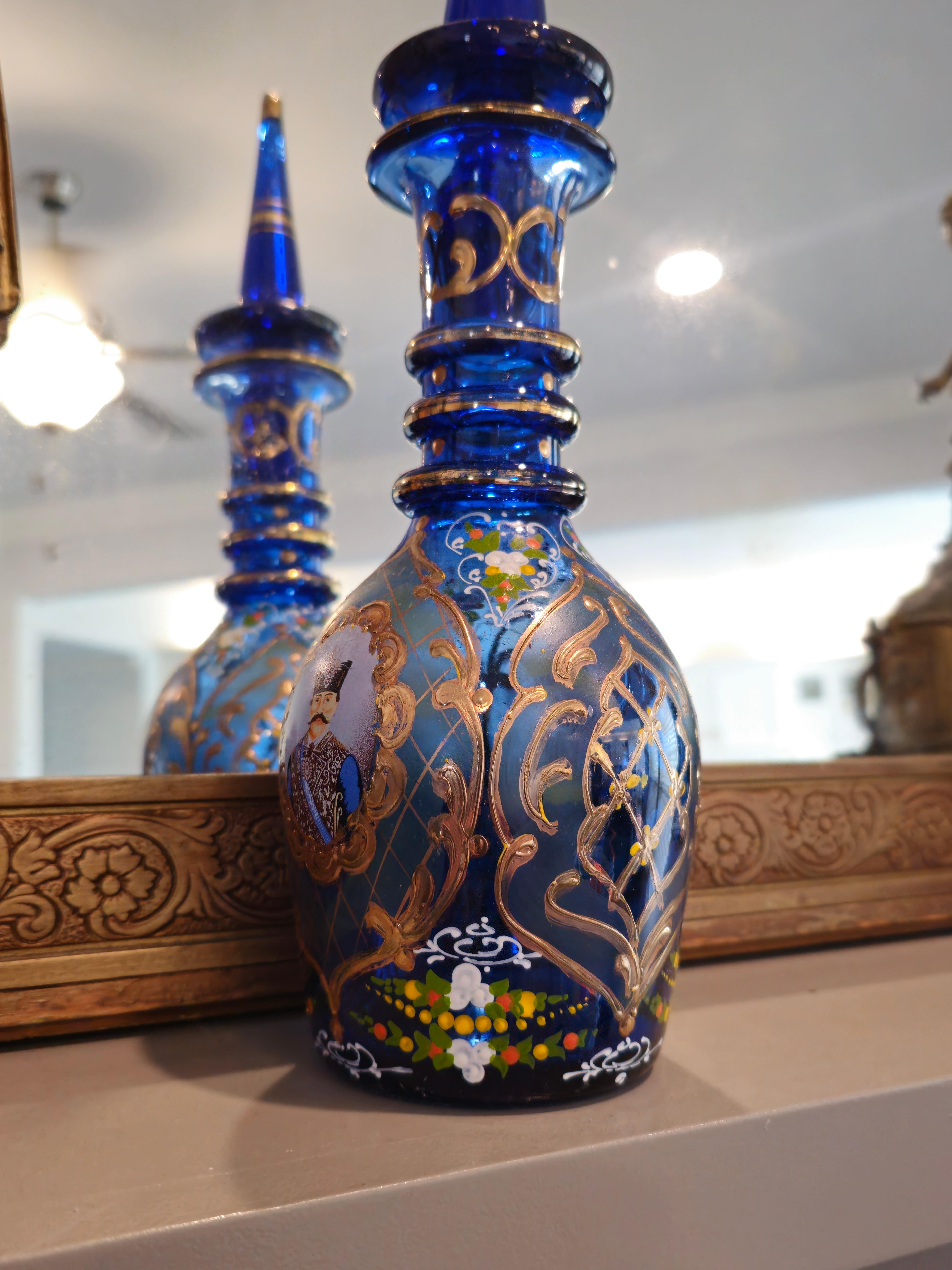 19th Century Bohemian Persian Market Qajar Enameled Gilt Cobalt Glass Decanters For Sale 5