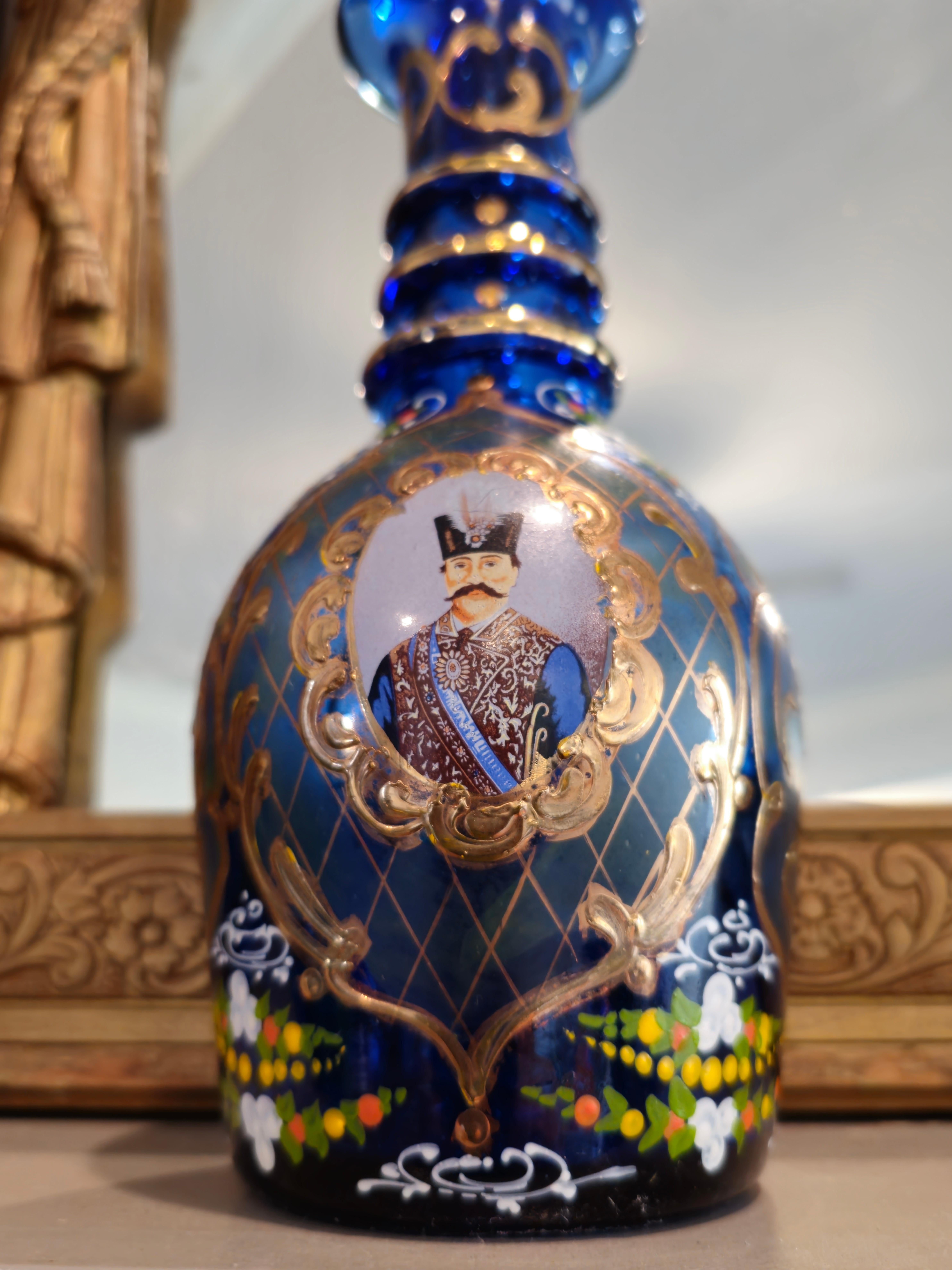 19th Century Bohemian Persian Market Qajar Enameled Gilt Cobalt Glass Decanters For Sale 6