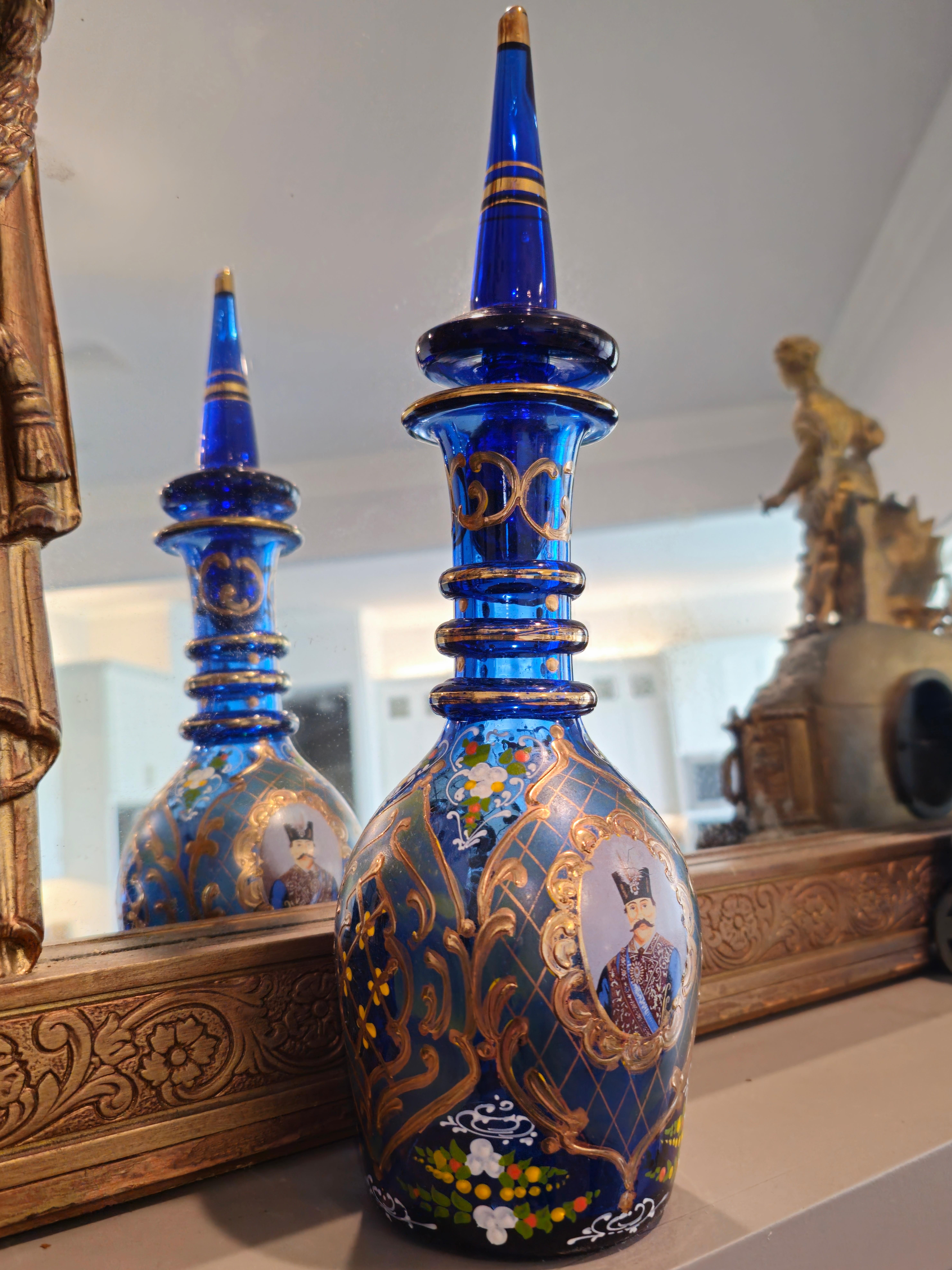 19th Century Bohemian Persian Market Qajar Enameled Gilt Cobalt Glass Decanters For Sale 7