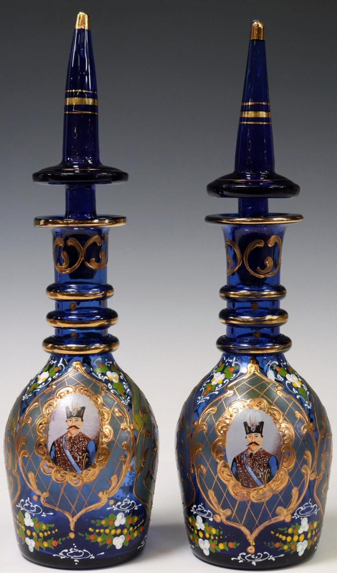 19th Century Bohemian Persian Market Qajar Enameled Gilt Cobalt Glass Decanters For Sale 8