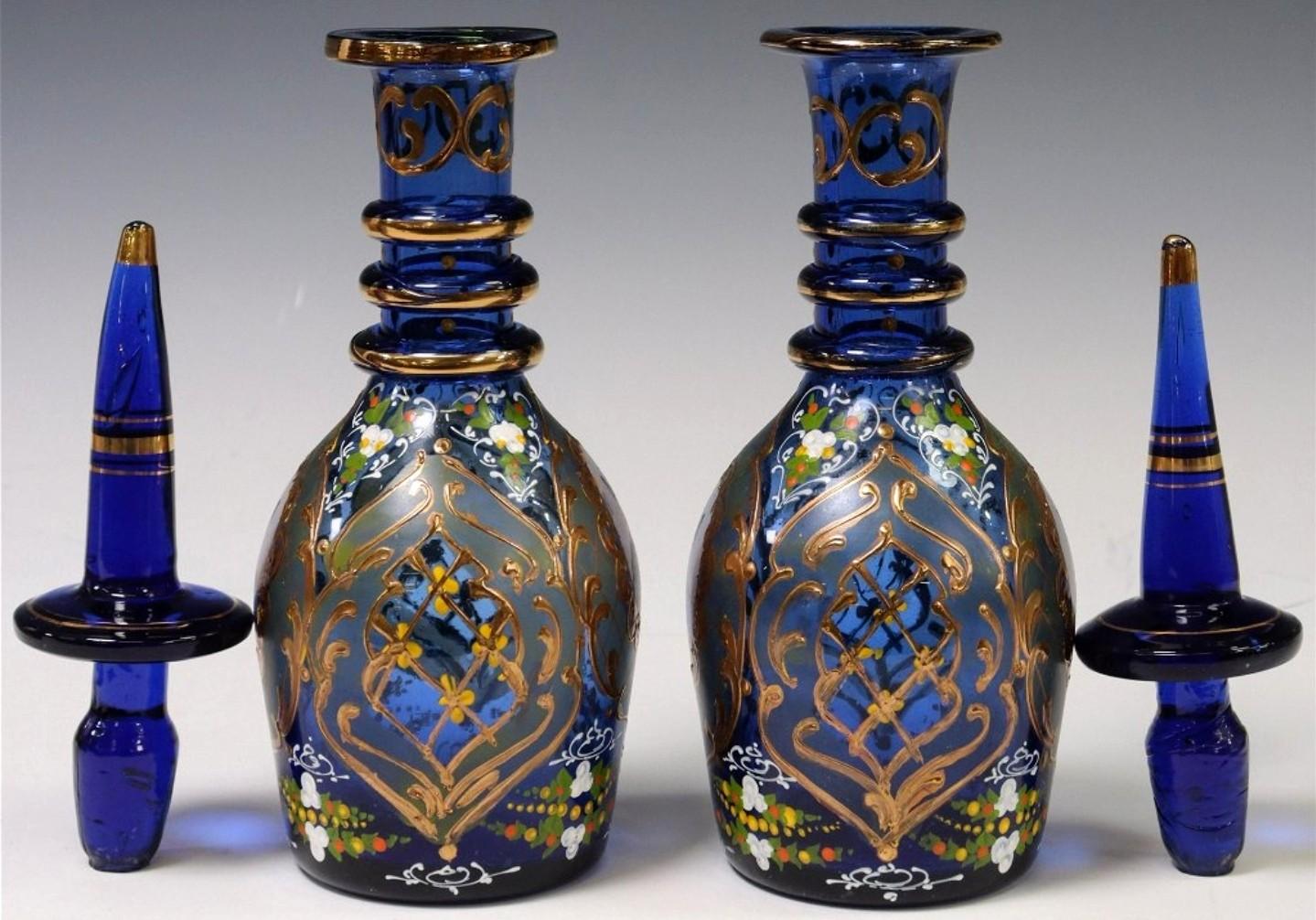 19th Century Bohemian Persian Market Qajar Enameled Gilt Cobalt Glass Decanters For Sale 9
